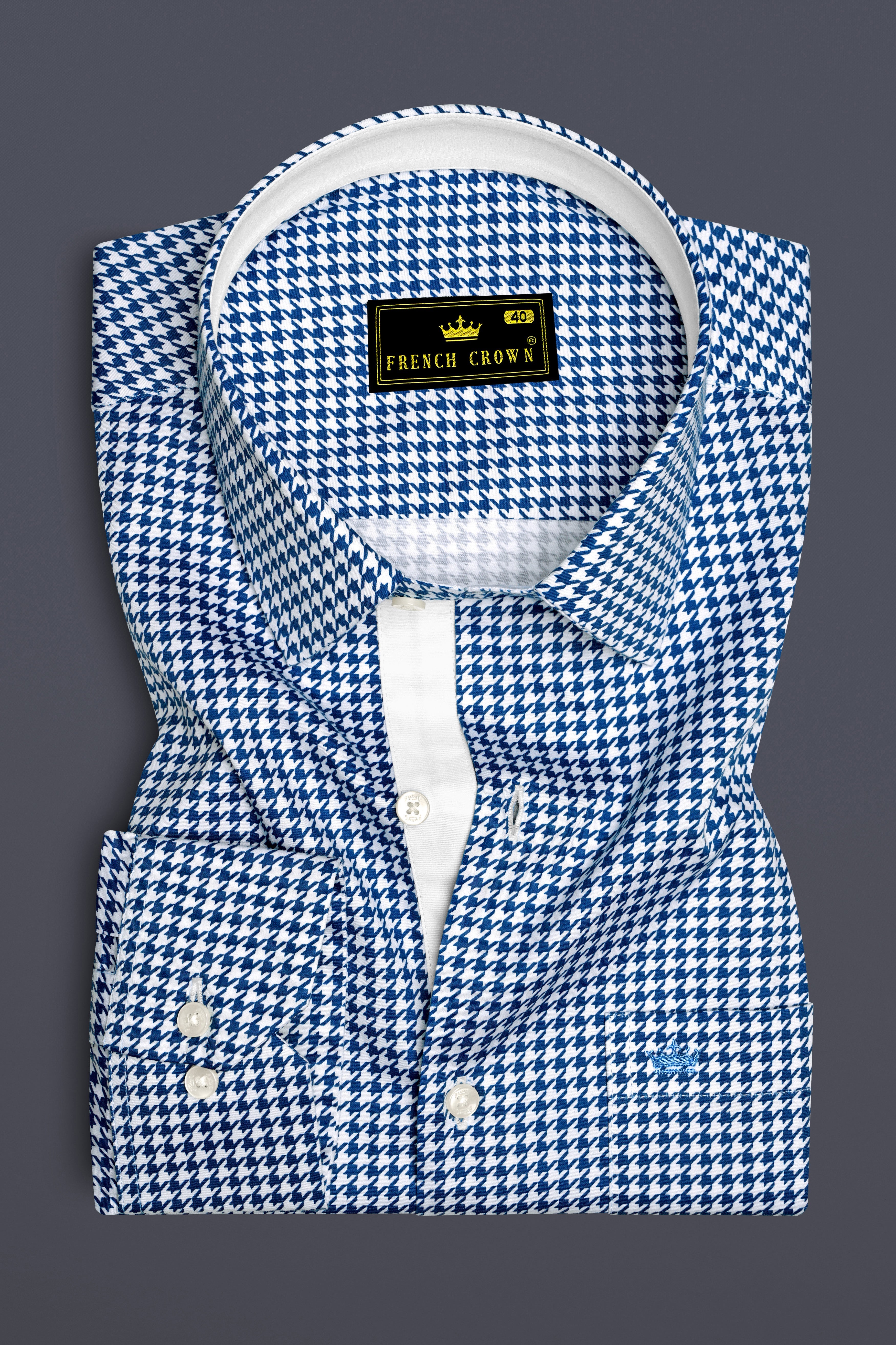Creston-Lapis Blue And Bright White Houndstooth Printed Super Soft Premium Cotton Dress Shirt