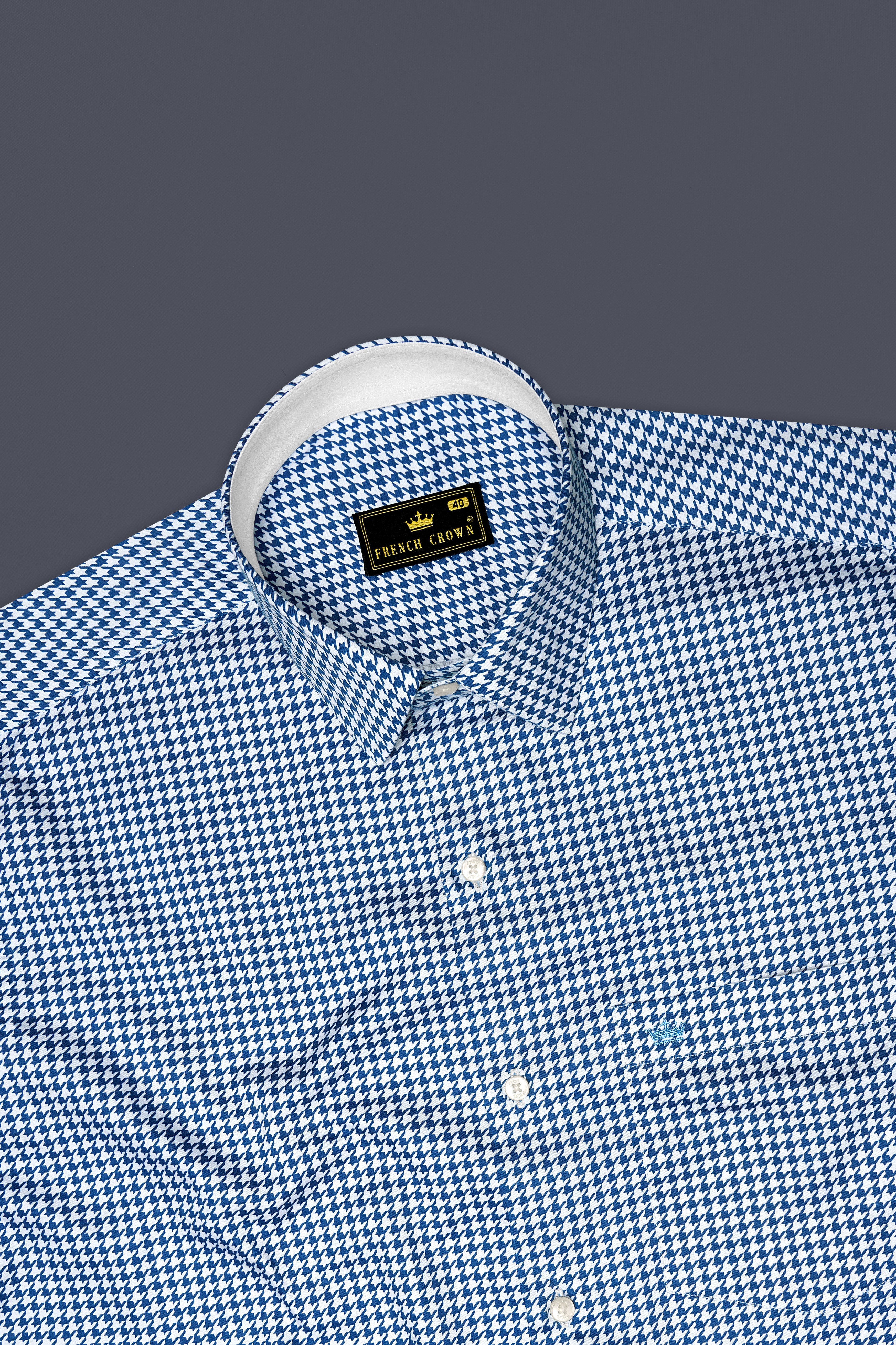 Creston-Lapis Blue And Bright White Houndstooth Printed Super Soft Premium Cotton Dress Shirt
