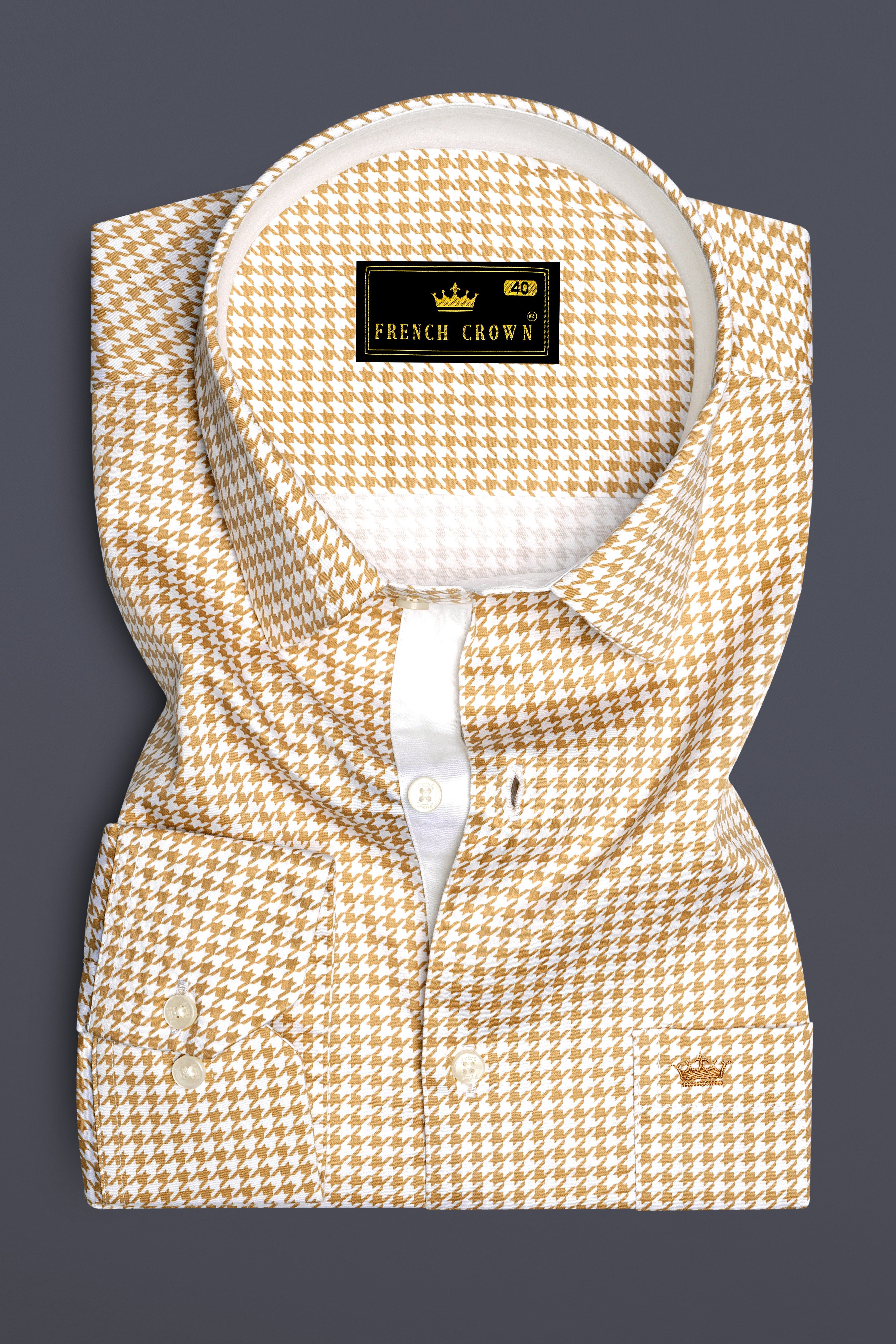 Rustiq-Barley Brown And Bright White Houndstooth Printed Super Soft Premium Cotton Dress Shirt