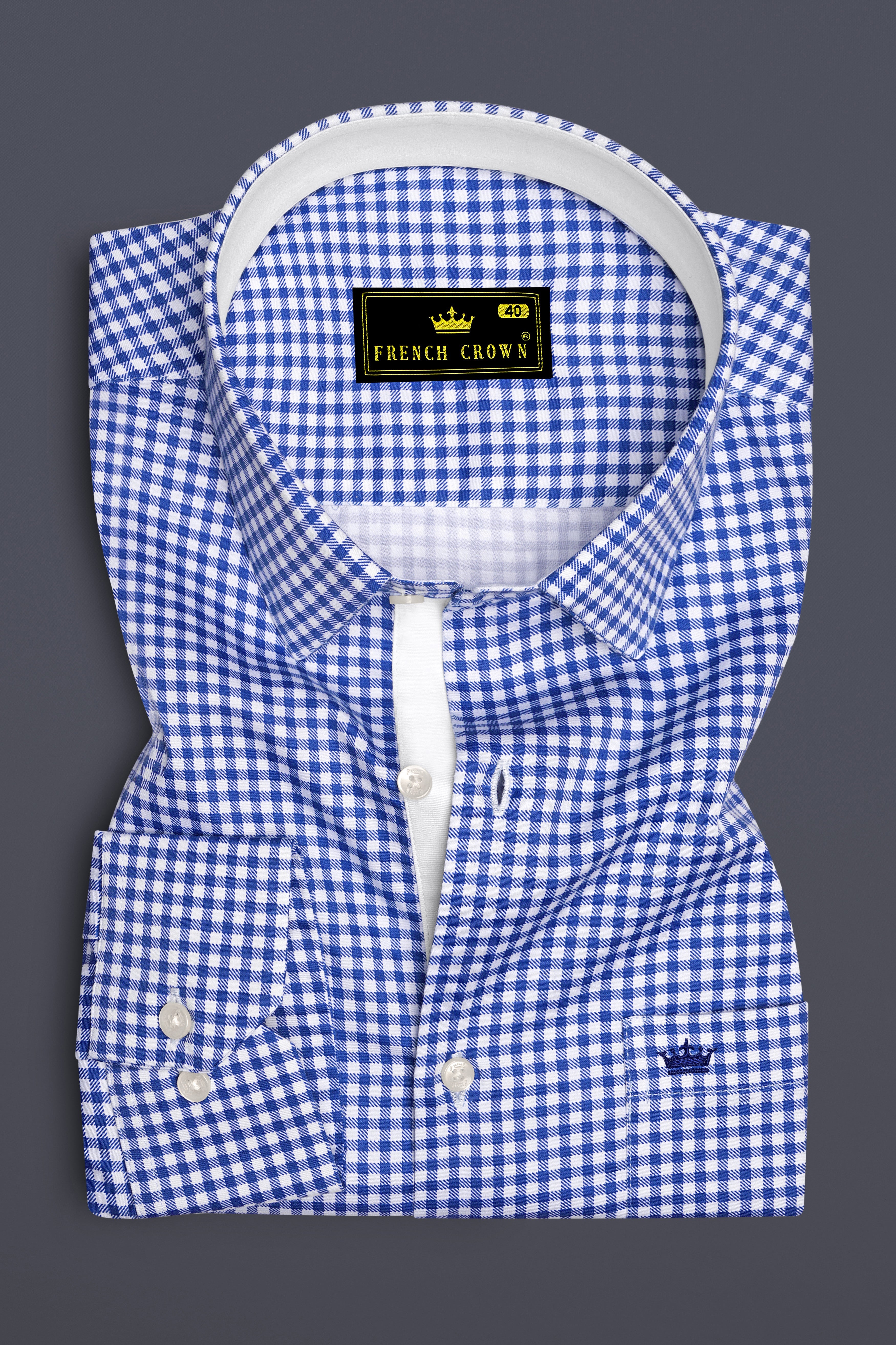 Cerulio-Cerulean Blue And Bright White Gingham Plaid Super Soft Premium Cotton Dress Shirt