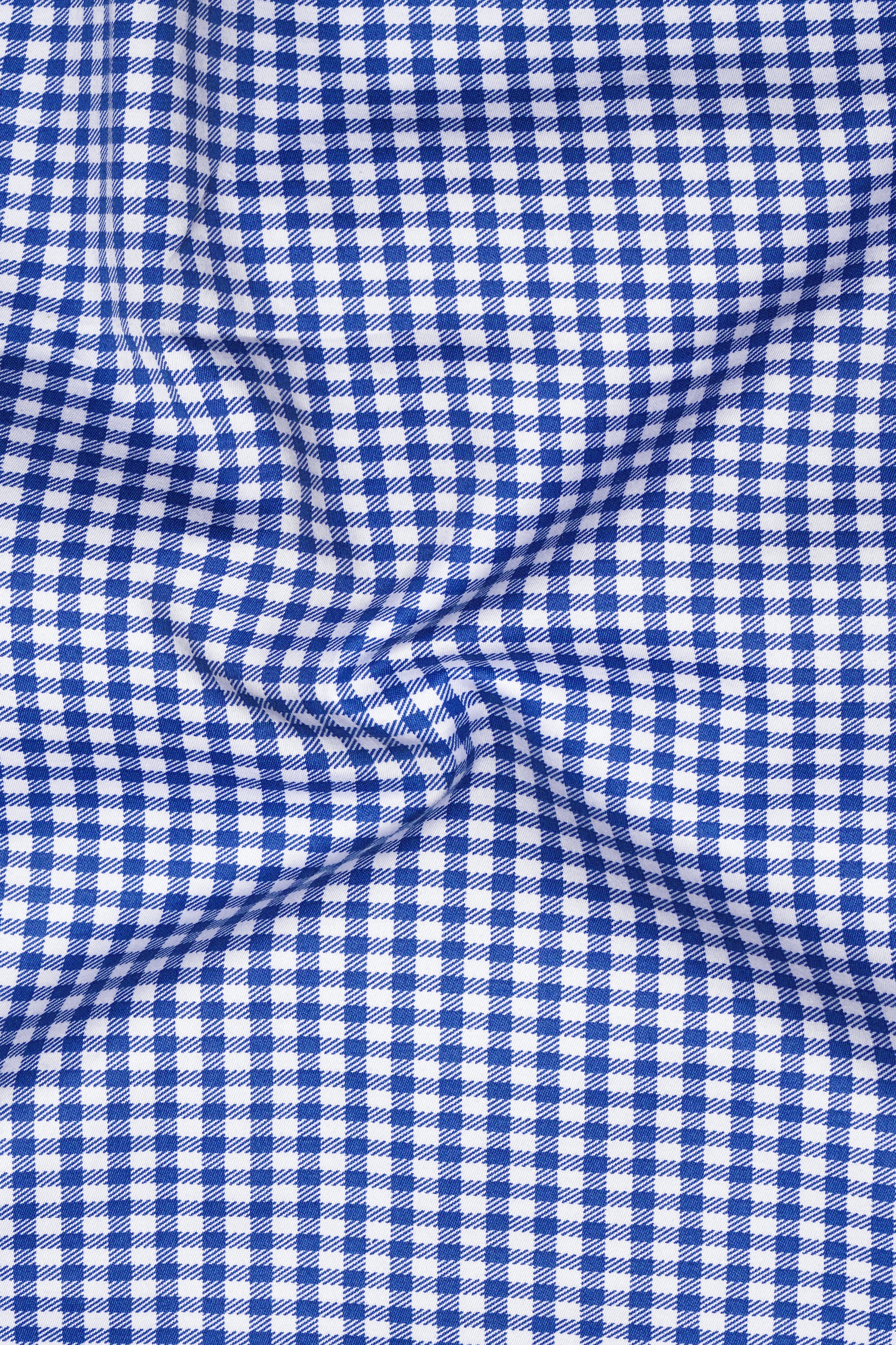 Cerulio-Cerulean Blue And Bright White Gingham Plaid Super Soft Premium Cotton Dress White Cuff Collar Shirt