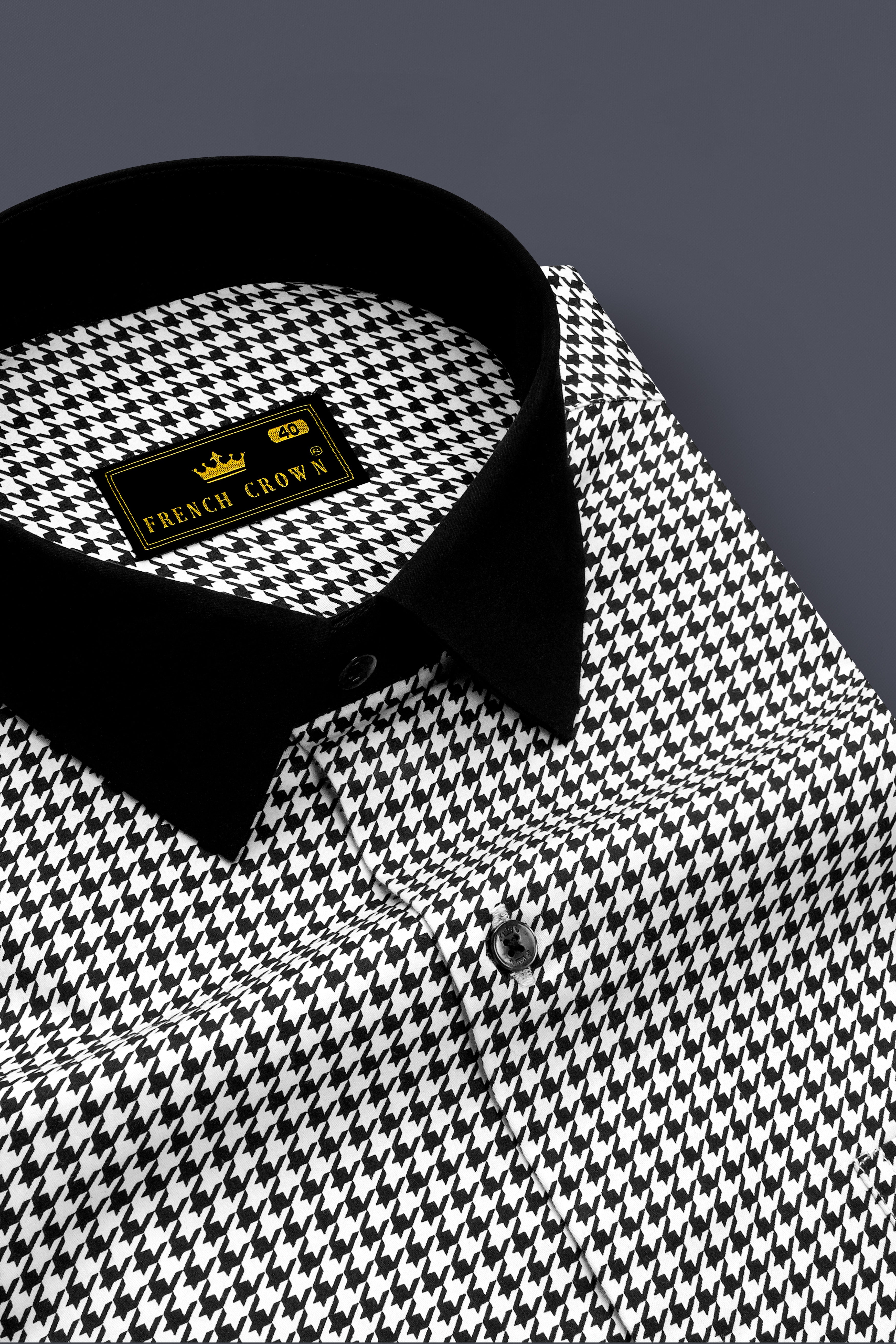 Regalis-Jade Black And Bright White Houndstooth Printed Super Soft Premium Cotton Dress Black Cuff Collar Shirt