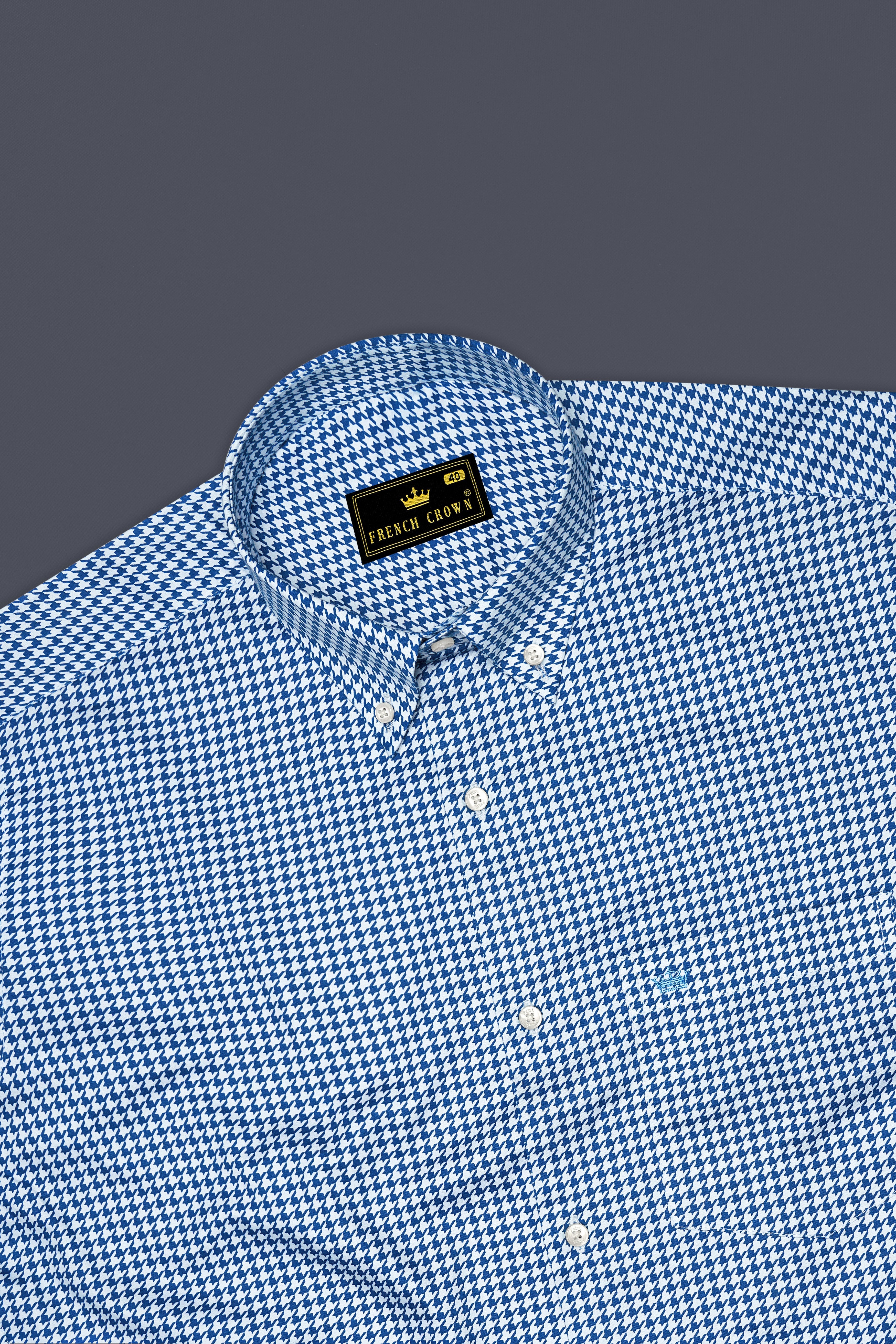 Creston-Lapis Blue And Bright White Houndstooth Printed Super Soft Premium Cotton Button Down Dress Shirt