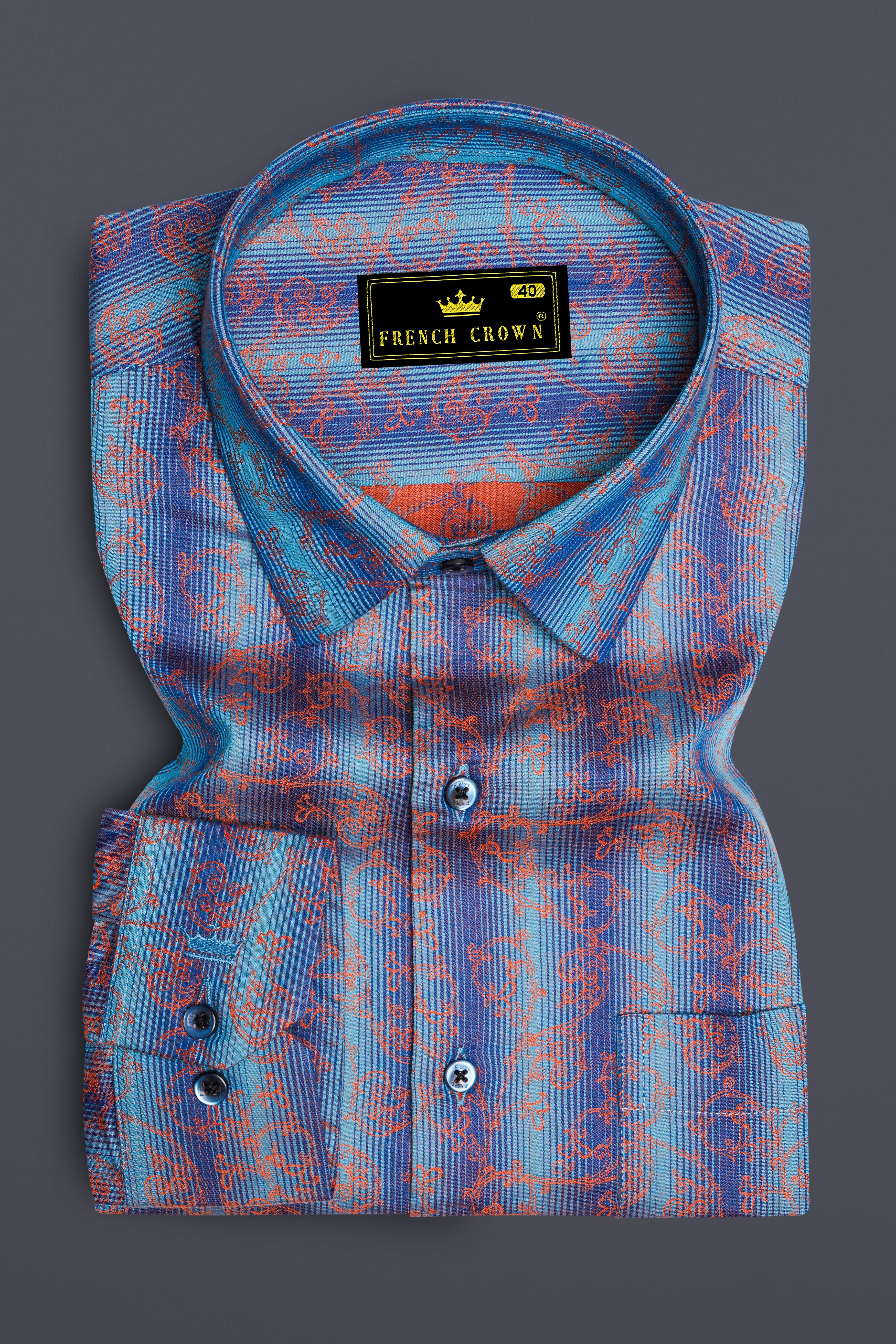 Botanoro-Cornflower Blue And Sandy Orange Floral Vine Jacquard Textured Premium Cotton Semi Formal Shirt