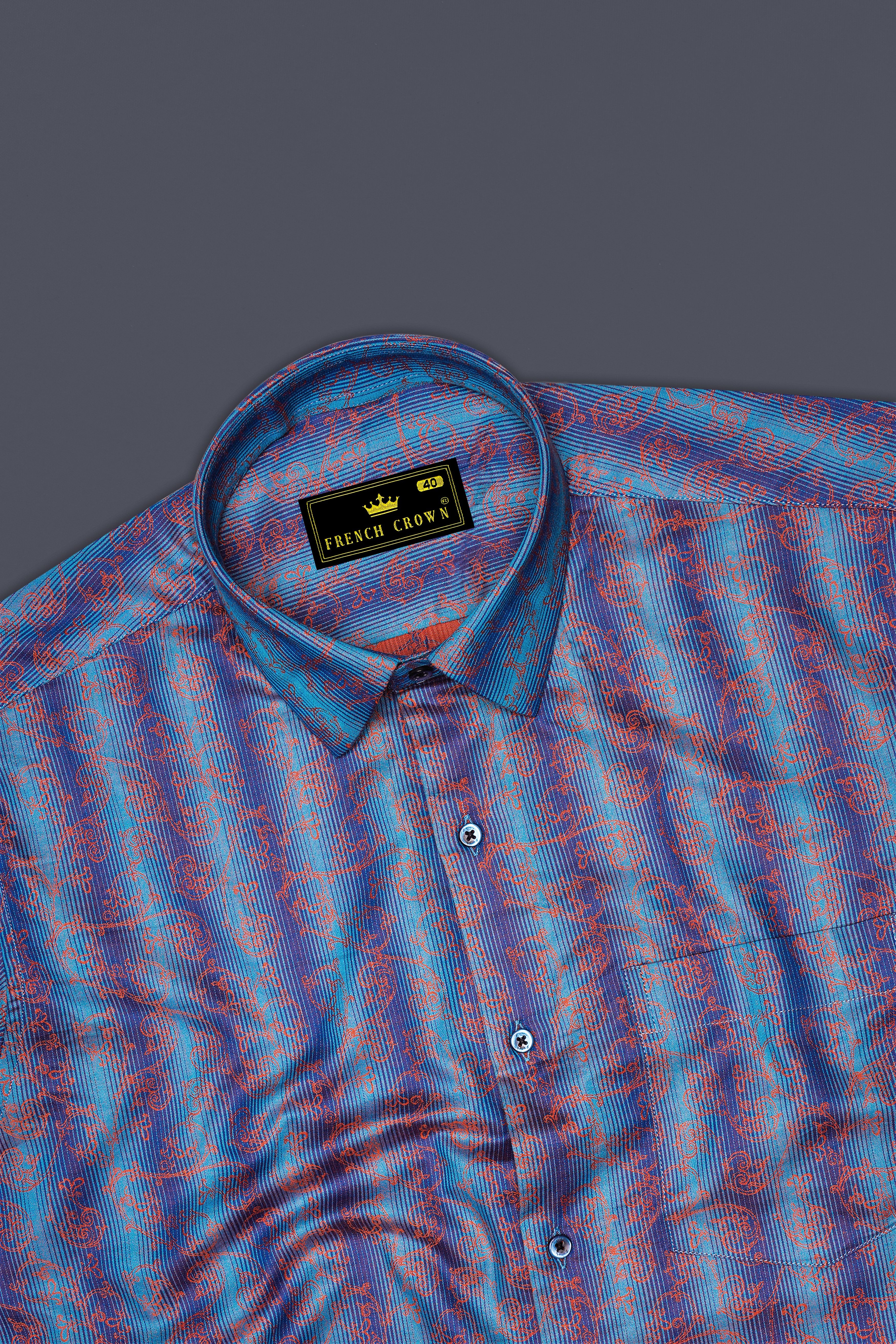 Botanoro-Cornflower Blue And Sandy Orange Floral Vine Jacquard Textured Premium Cotton Semi Formal Shirt