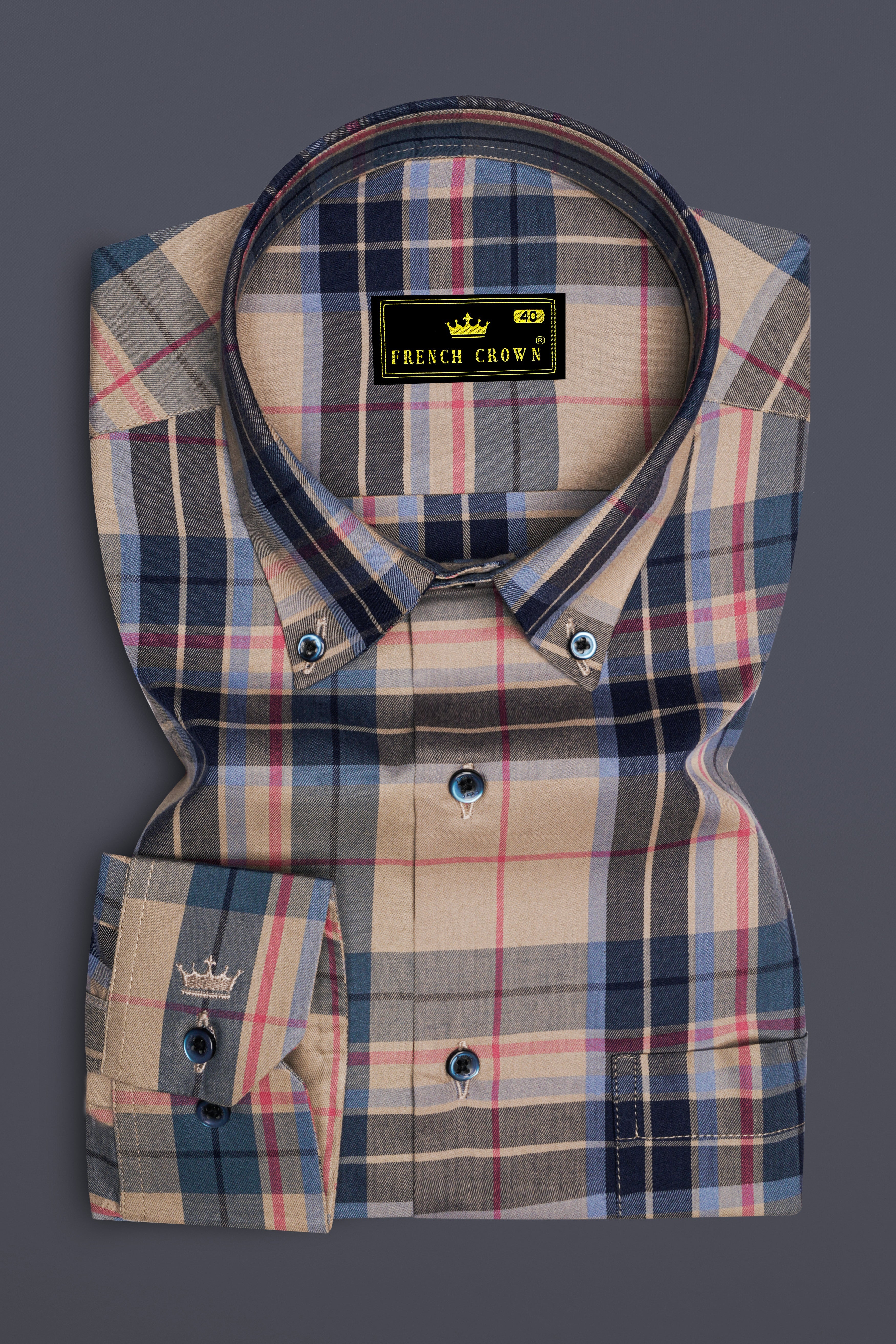 Opulor-Midnight Blue And Sandrift Cream Plaid Twill Premium Cotton Semi Formal Shirt