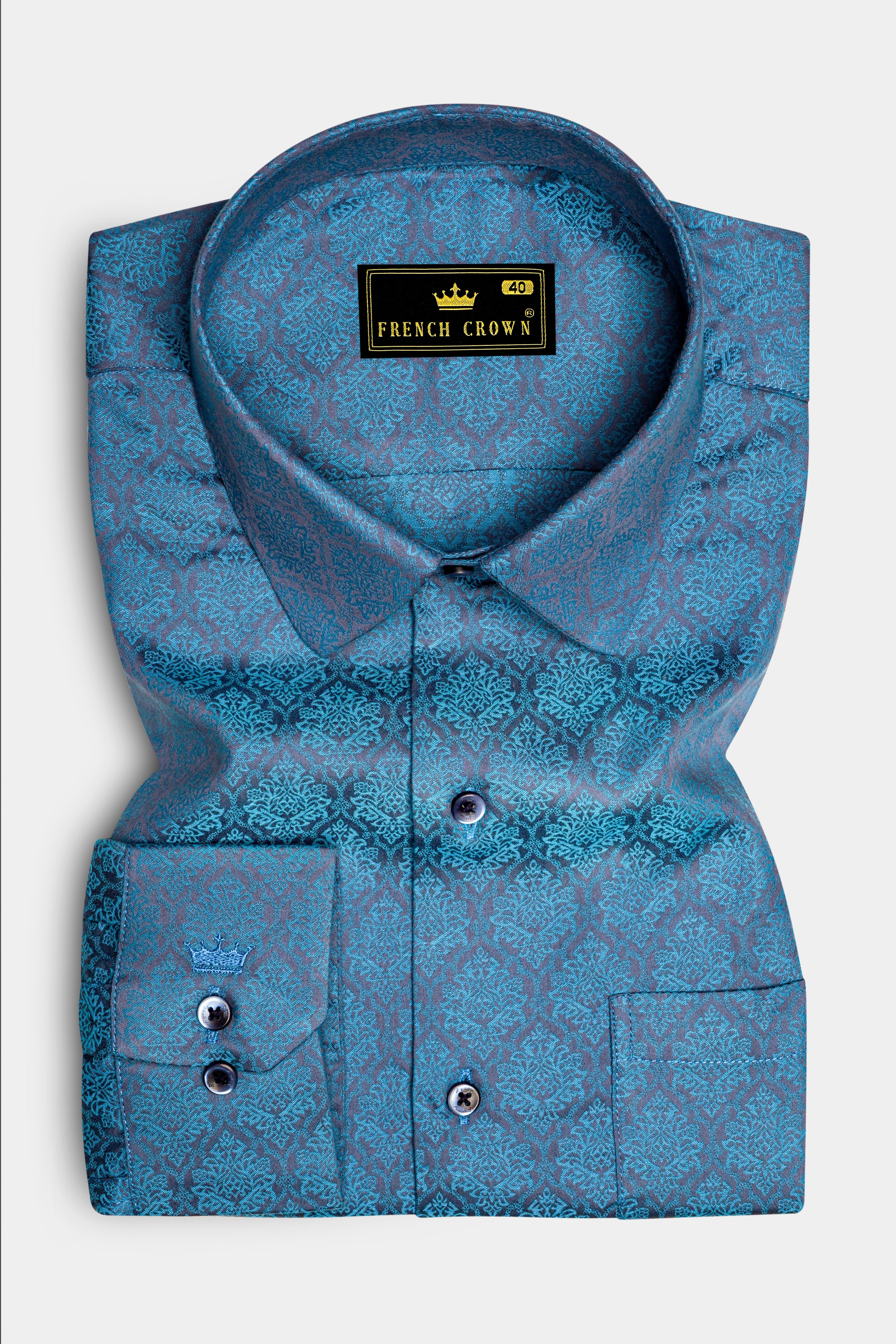 Indivio Hippie Blue Jacquard Textured Premium Cotton Dress Shirt