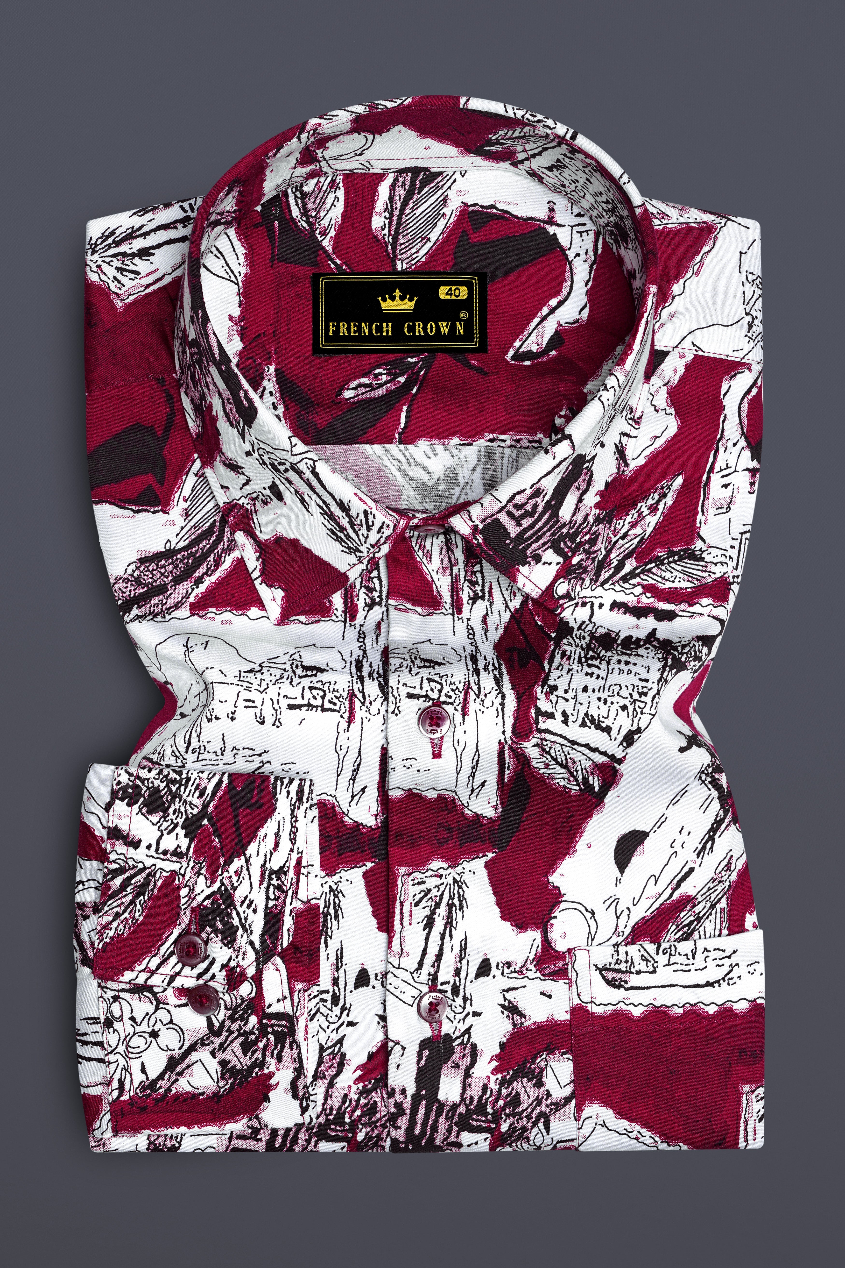 Lustraro Merlot Red And Bright White Printed Subtle Sheen Super Soft Premium Cotton Casual Shirt