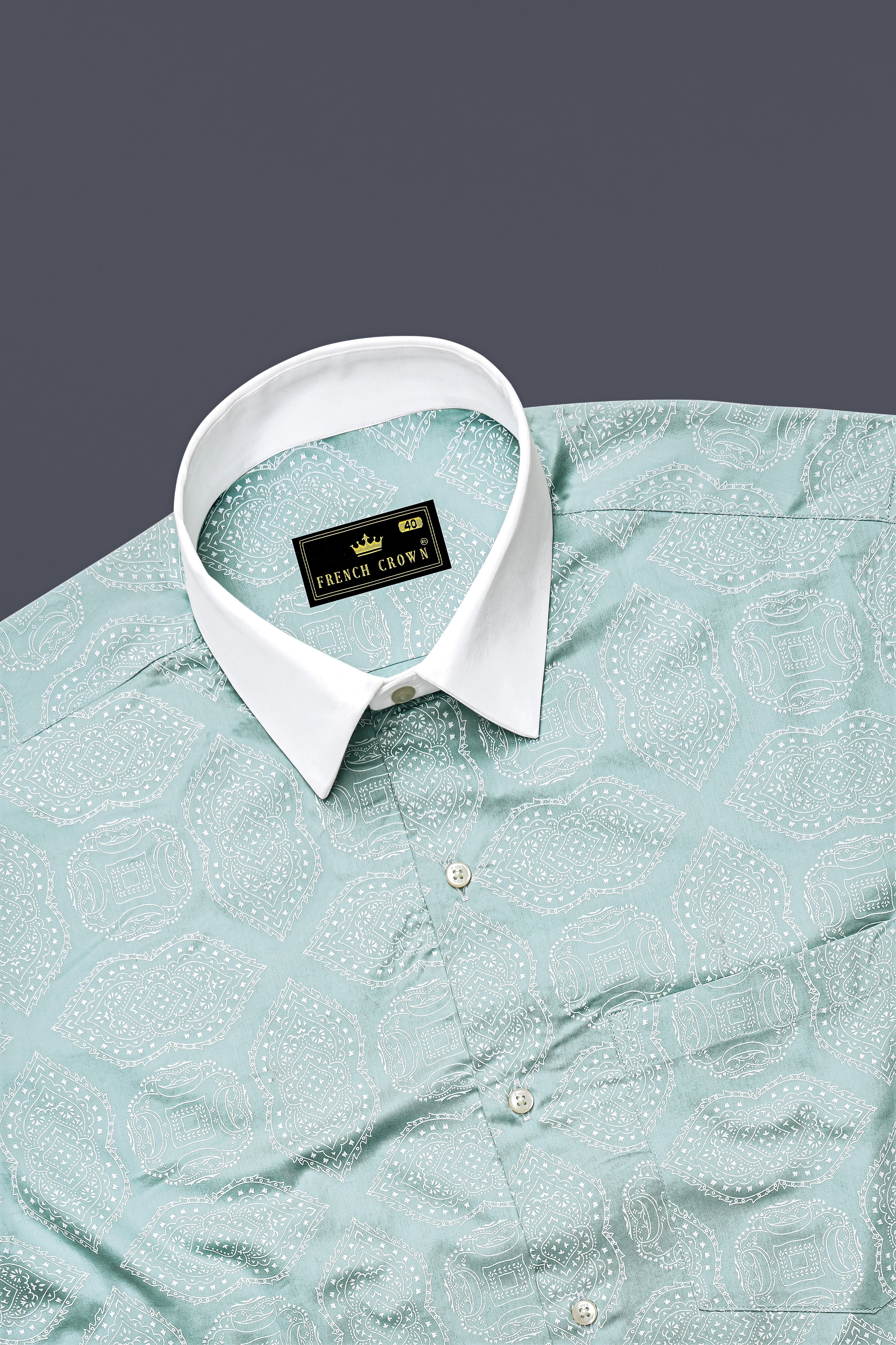 Celavon Pale Aqua Green And Bright White medallion Printed Super Soft Premium Cotton Semi Formal Shirt