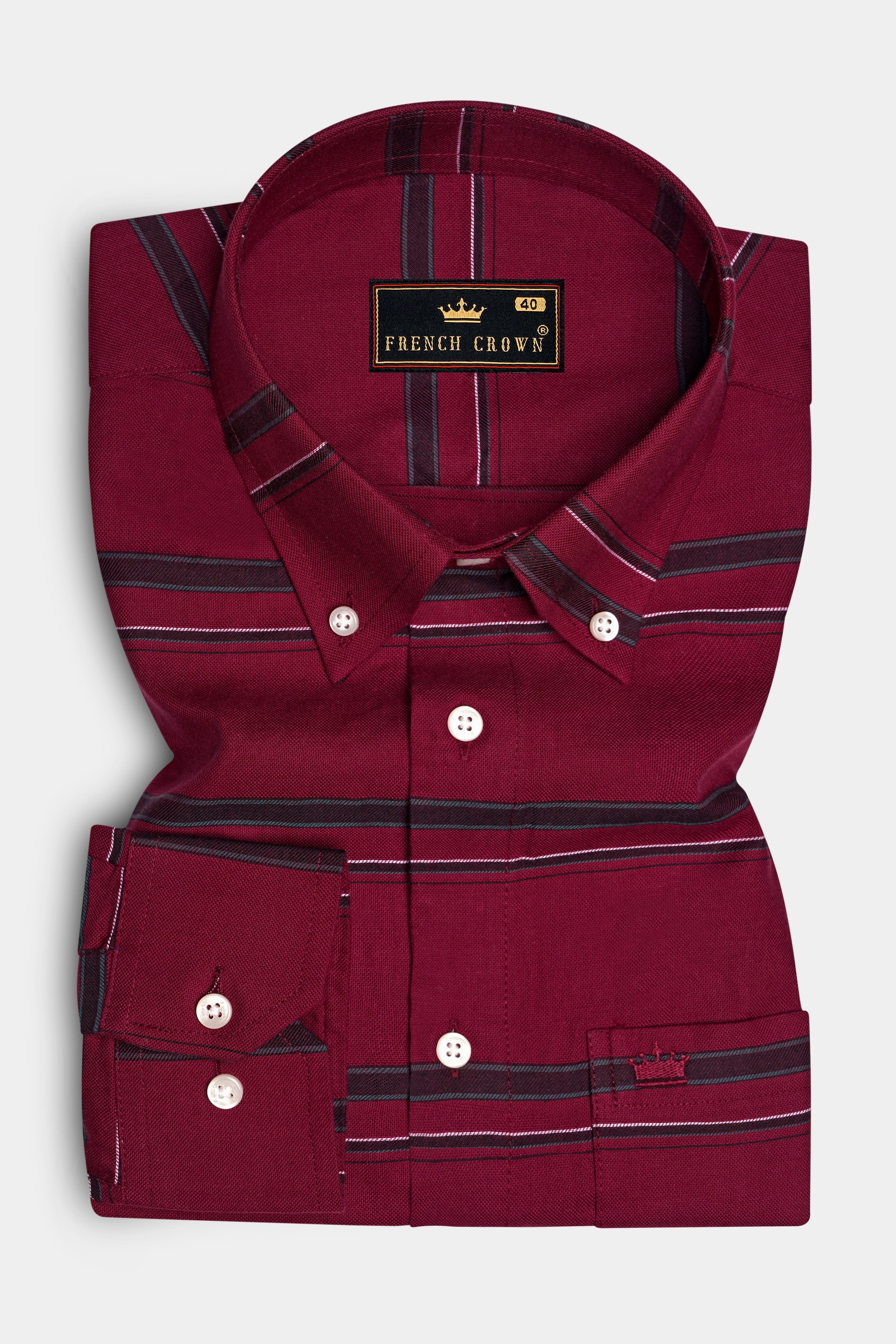 Brunoro Moccaccino Maroon Striped Oxford Premium Cotton Casual Shirt