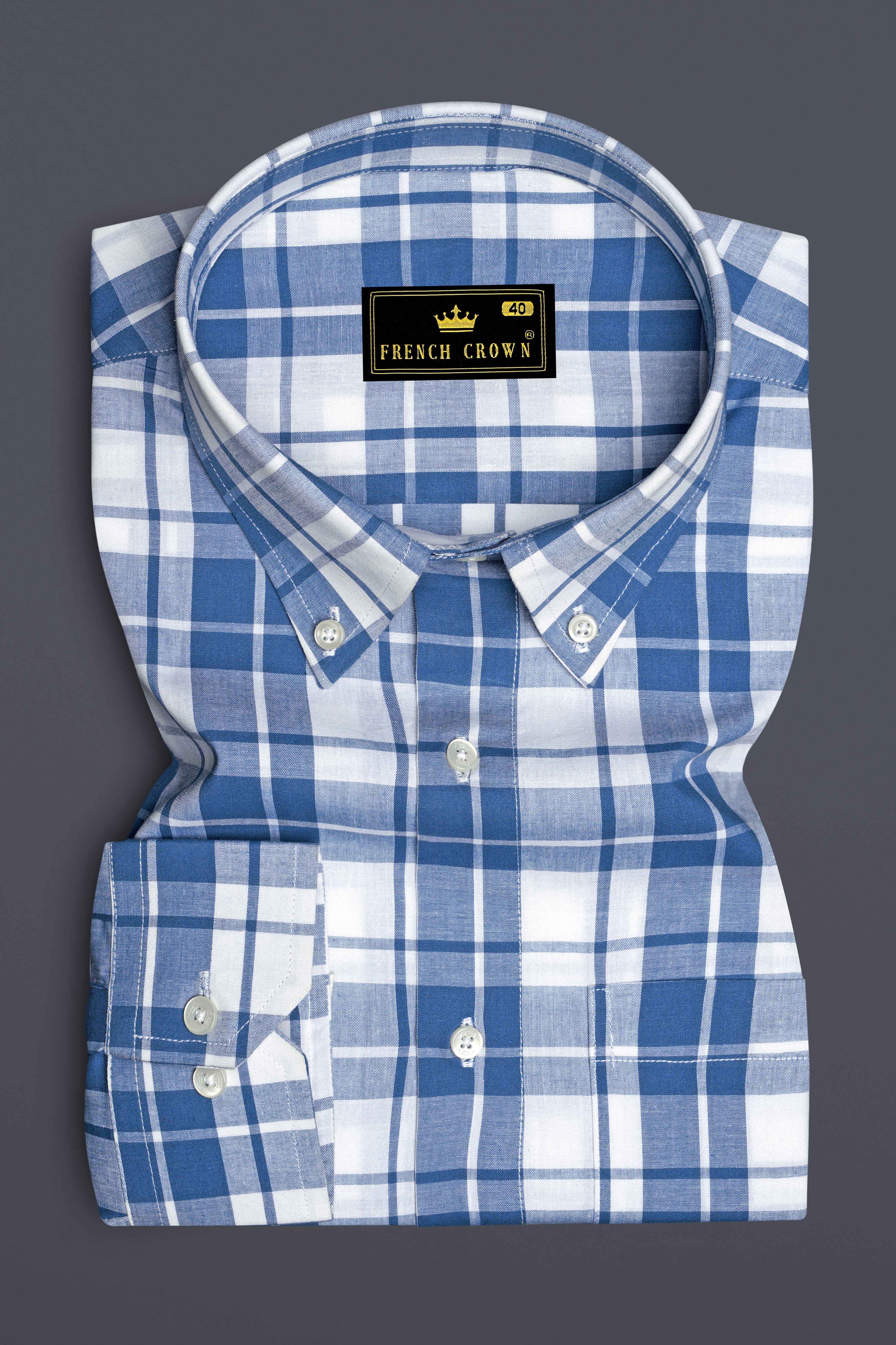 Azurino Chambray Blue And Bright White Plaid Chambray Premium Cotton Casual Shirt