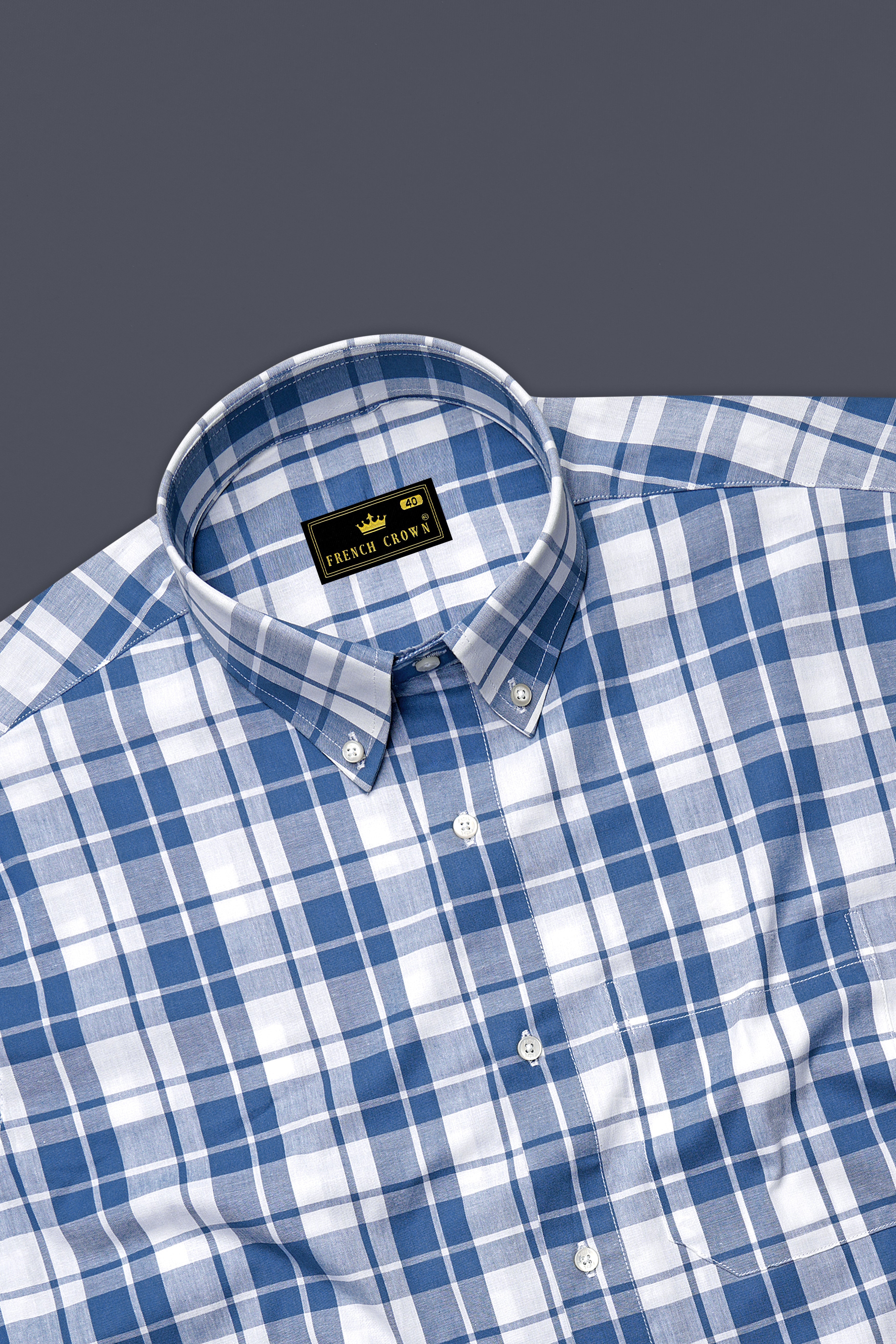 Azurino Chambray Blue And Bright White Plaid Chambray Premium Cotton Casual Shirt