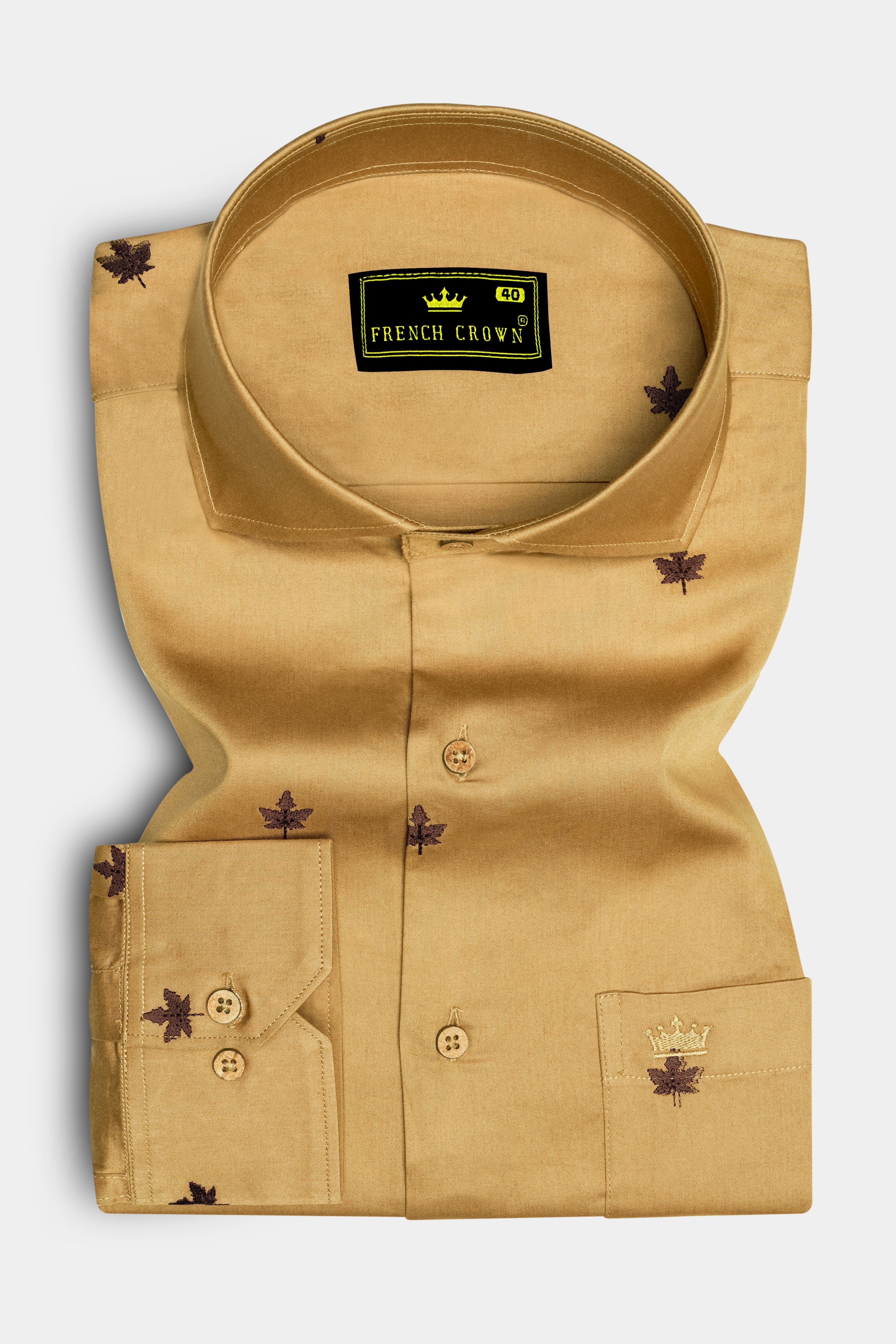 Bronzelle-Harvest Brown Leaf Embroidery Textured Subtle Sheen Super Soft Premium Cotton Semi Formal Shirt