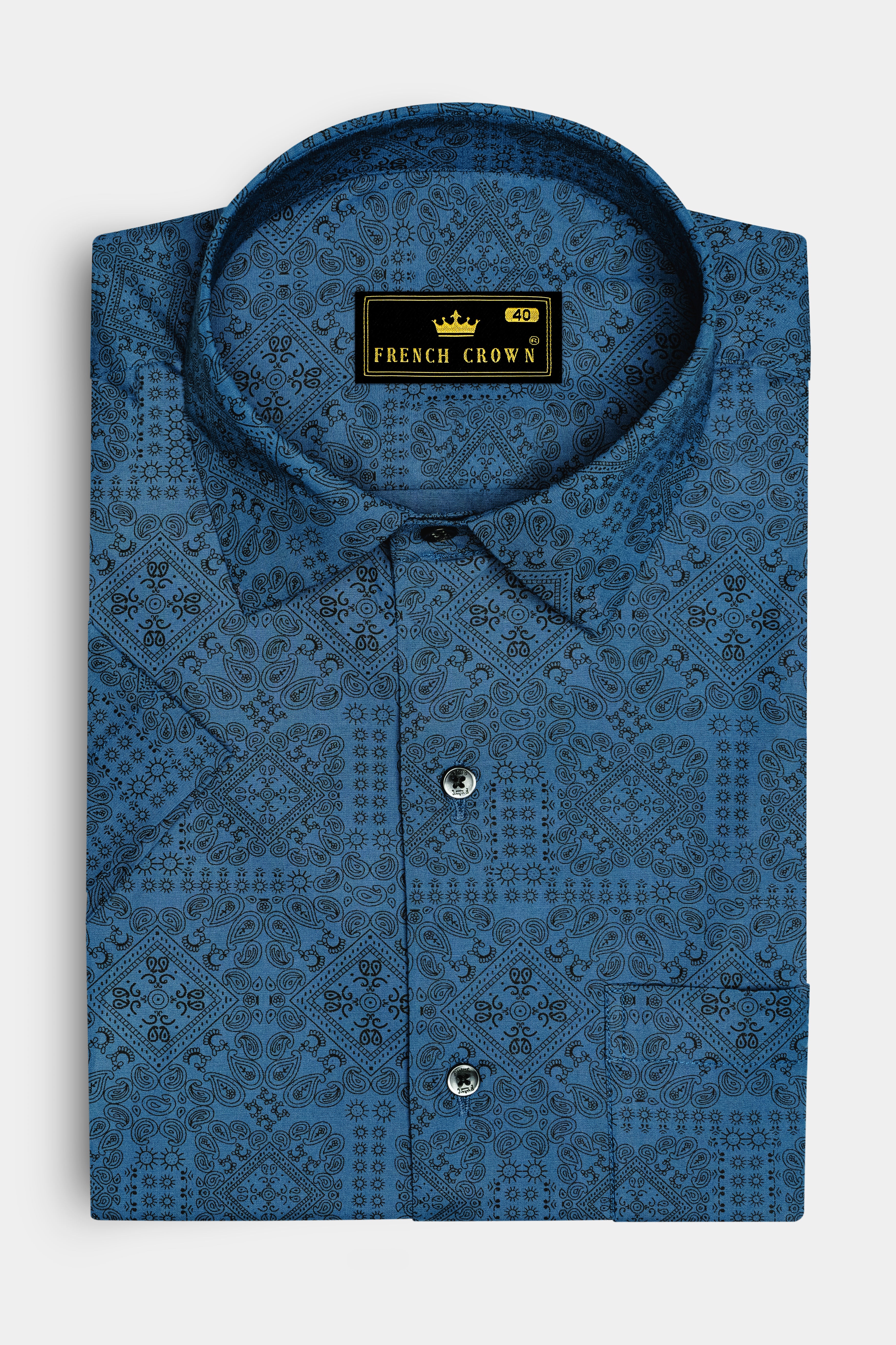 Azuron-Metallic Blue And Jade Black Paisley Printed Super Soft Premium Giza Cotton Casual Shirt