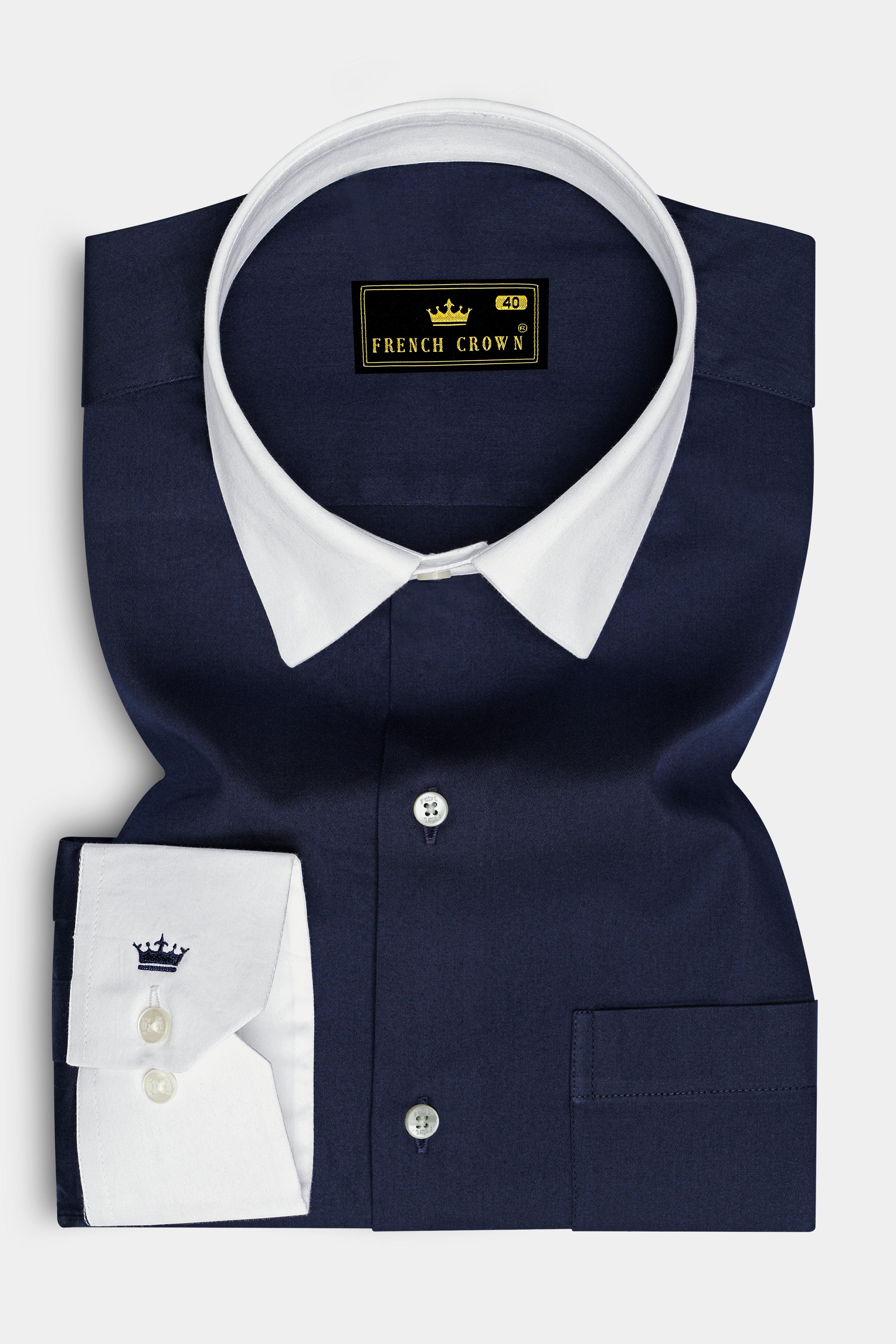 Bleunoir-Midnight Blue Subtle Sheen Super Soft Premium White Cuff Collar Dress Shirt