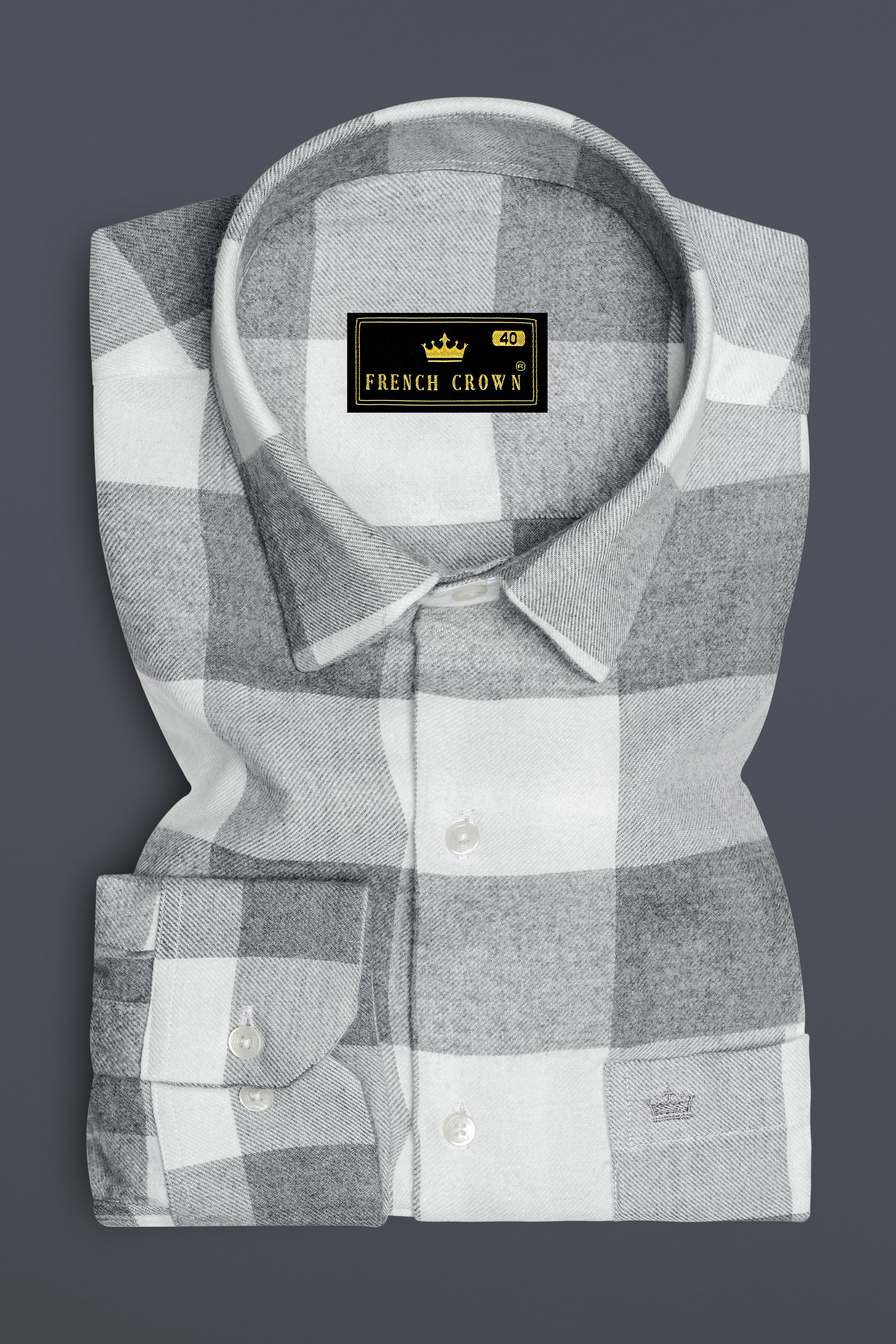 Crestvire-Regent Gray And Bright White Buffalo Plaid Super Soft Flannel Premium Cotton Casual Shirt