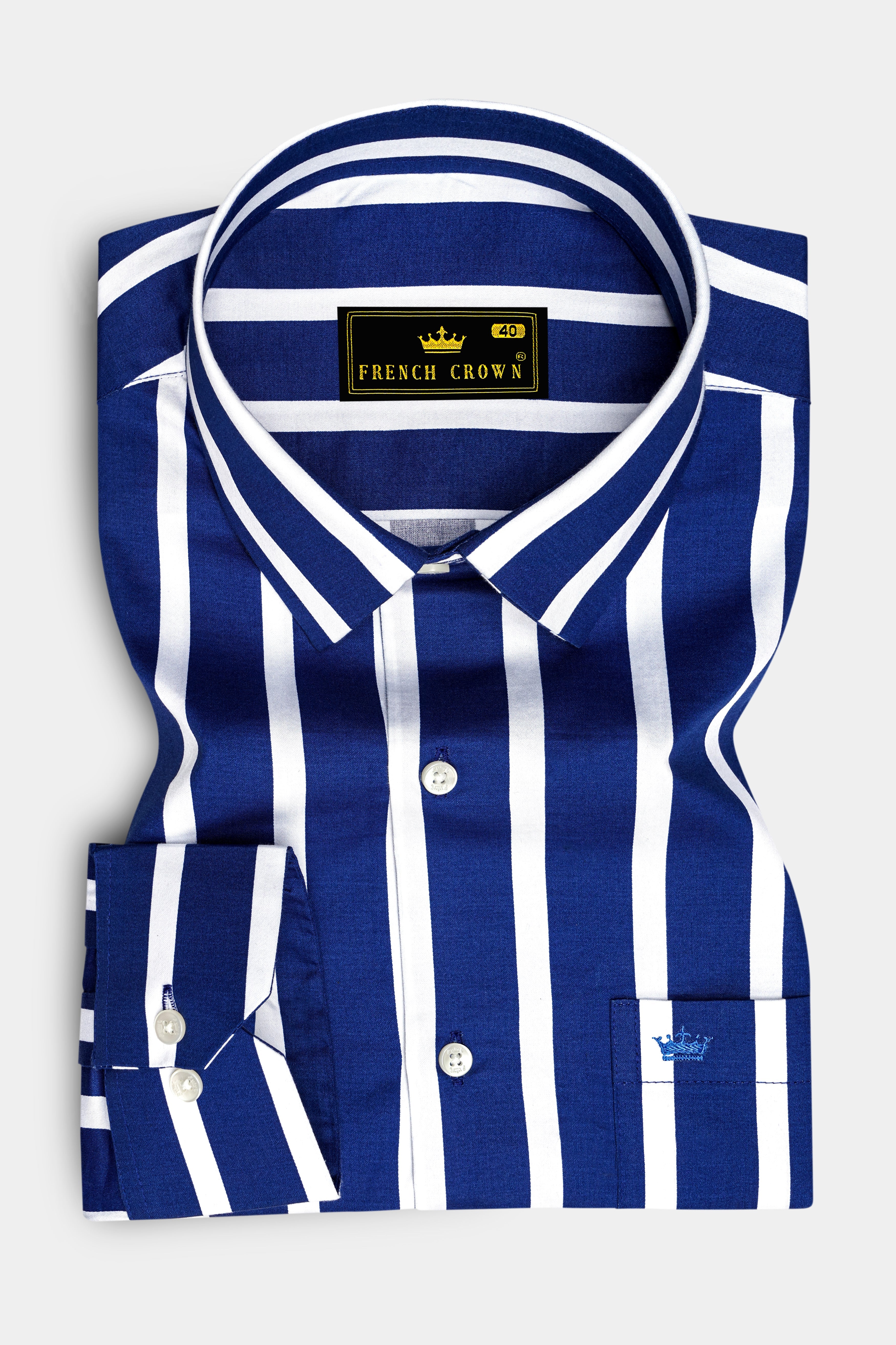 Marivon-Chambray Blue And Bright White Awning Striped Subtle Sheen Super Soft Premium Cotton Dress Shirt