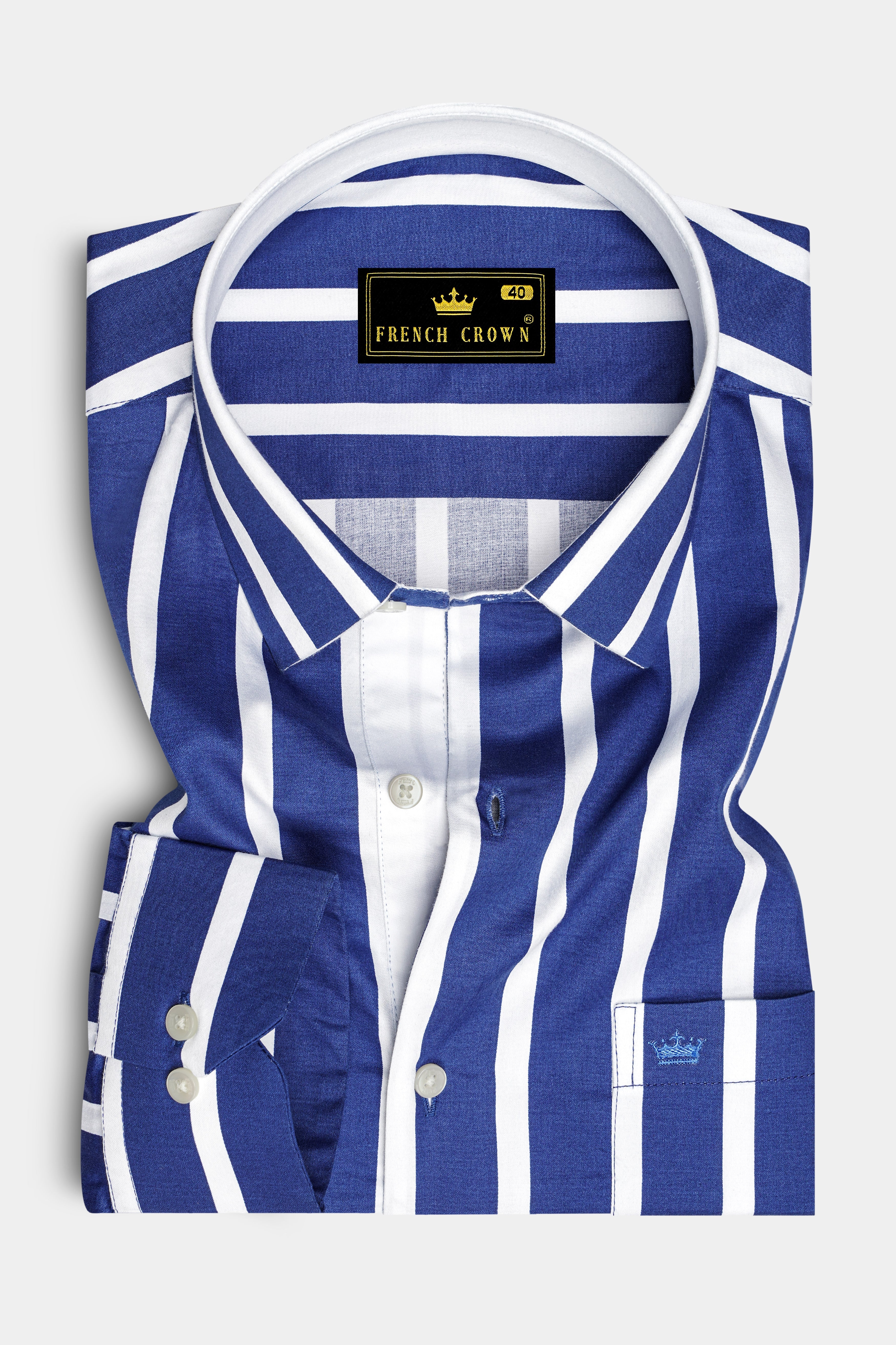 Marivon-Chambray Blue And Bright White Awning Striped Super Soft Premium Cotton Dress Shirt