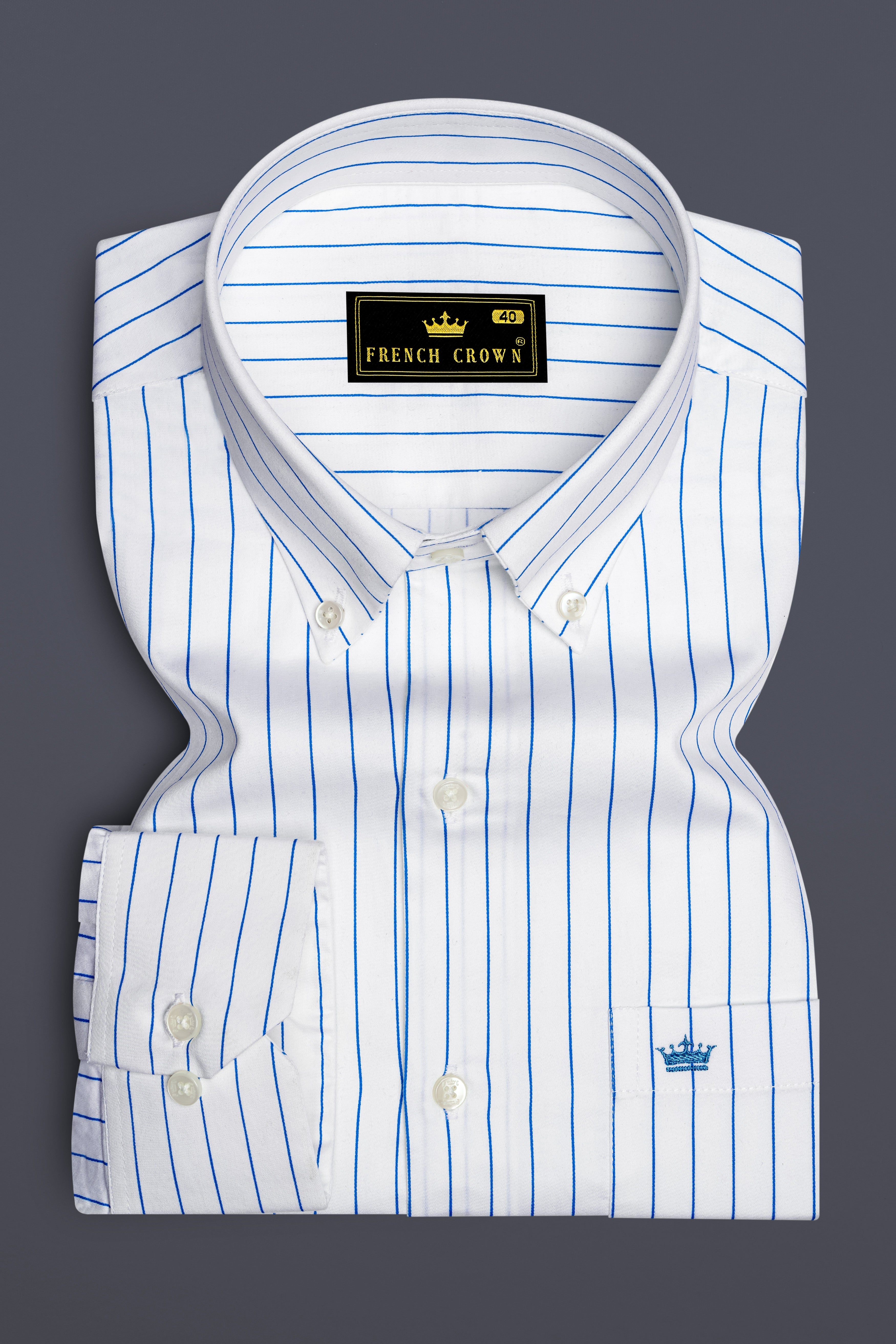 Azurline-Bright White And Havelock Blue Pin Striped Subtle Sheen Super Soft Premium Cotton Button Down Collar Dress Shirt