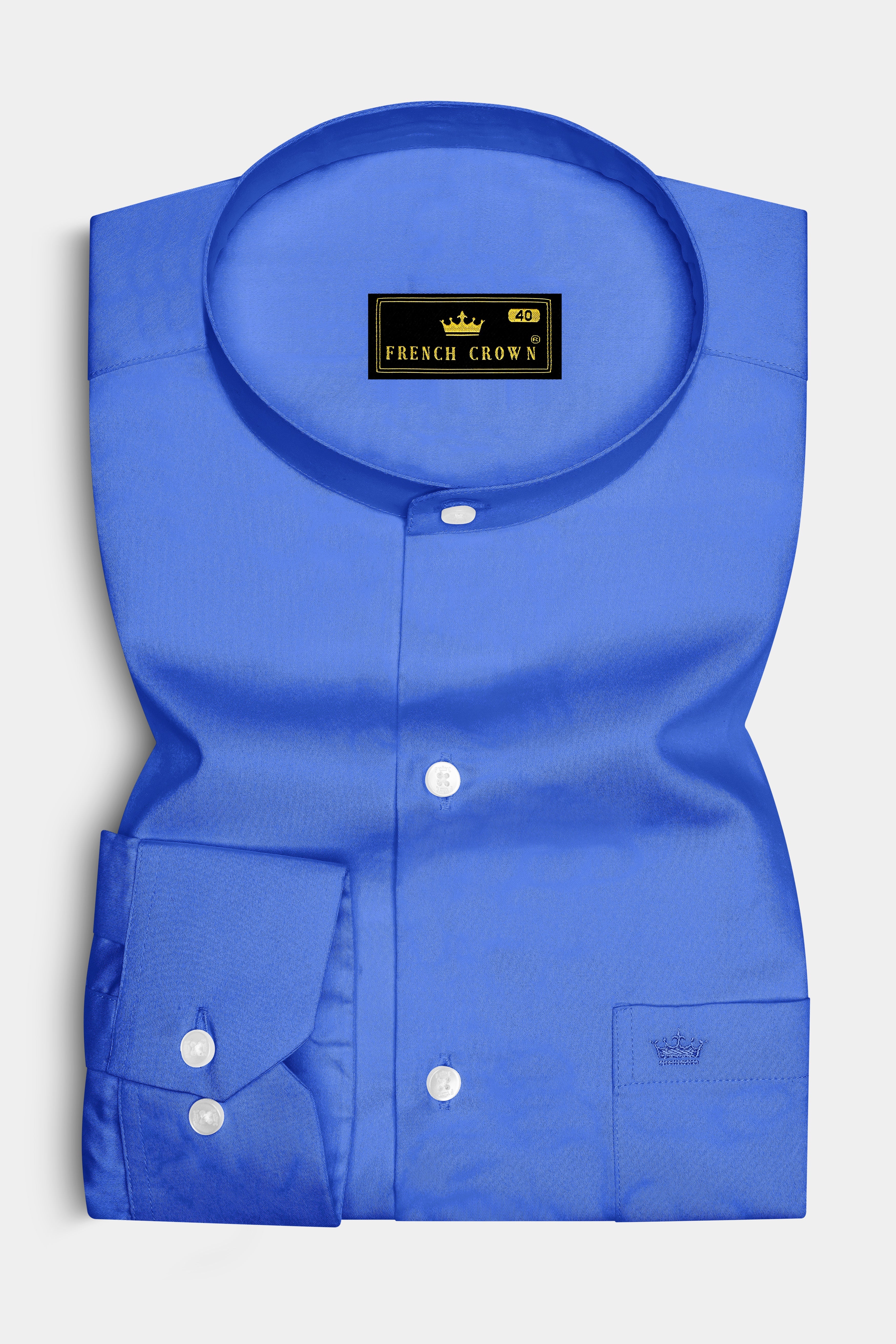 Azurion-Mariner Blue Subtle Sheen Super Soft Premium Cotton Mandarin Dress Shirt