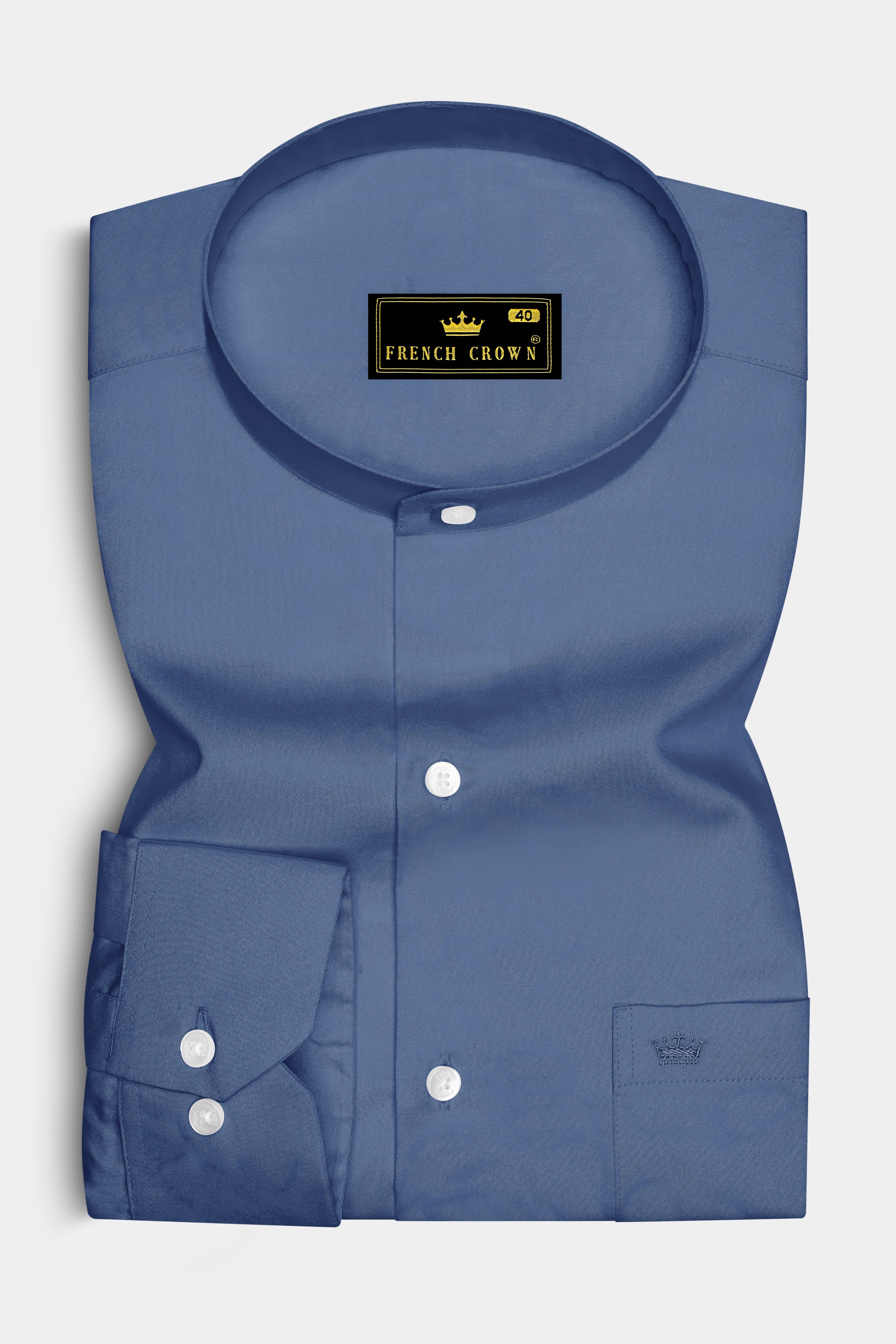 Azurion-Dusky Blue Subtle Sheen Super Soft Premium Cotton Mandarin Dress Shirt