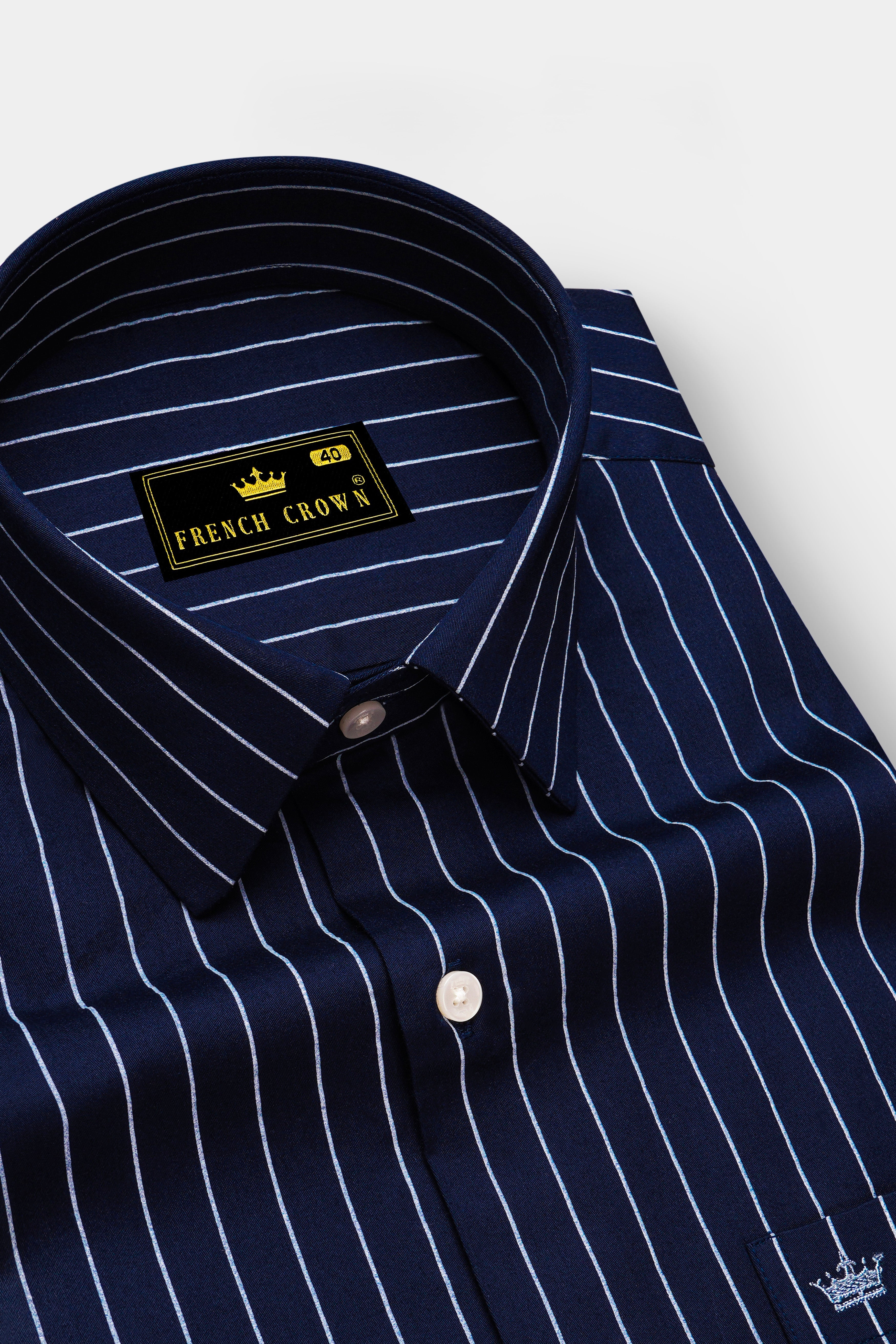Noctaro-Ebony Blue And Bright White Pin Striped Subtle Sheen Super Soft Premium Cotton Dress Shirt