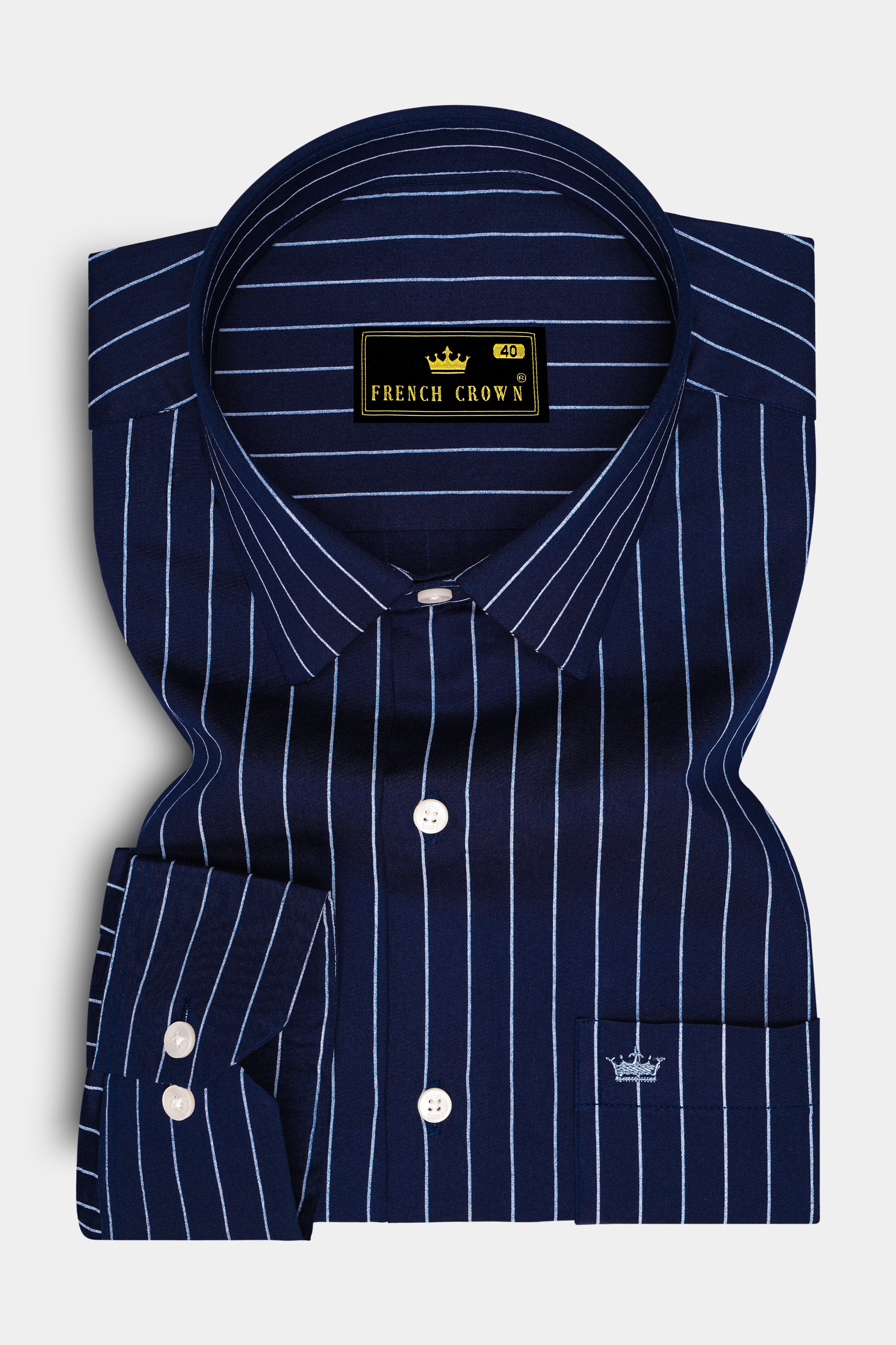 Noctaro-Ebony Blue And Bright White Pin Striped Subtle Sheen Super Soft Premium Cotton Dress Shirt