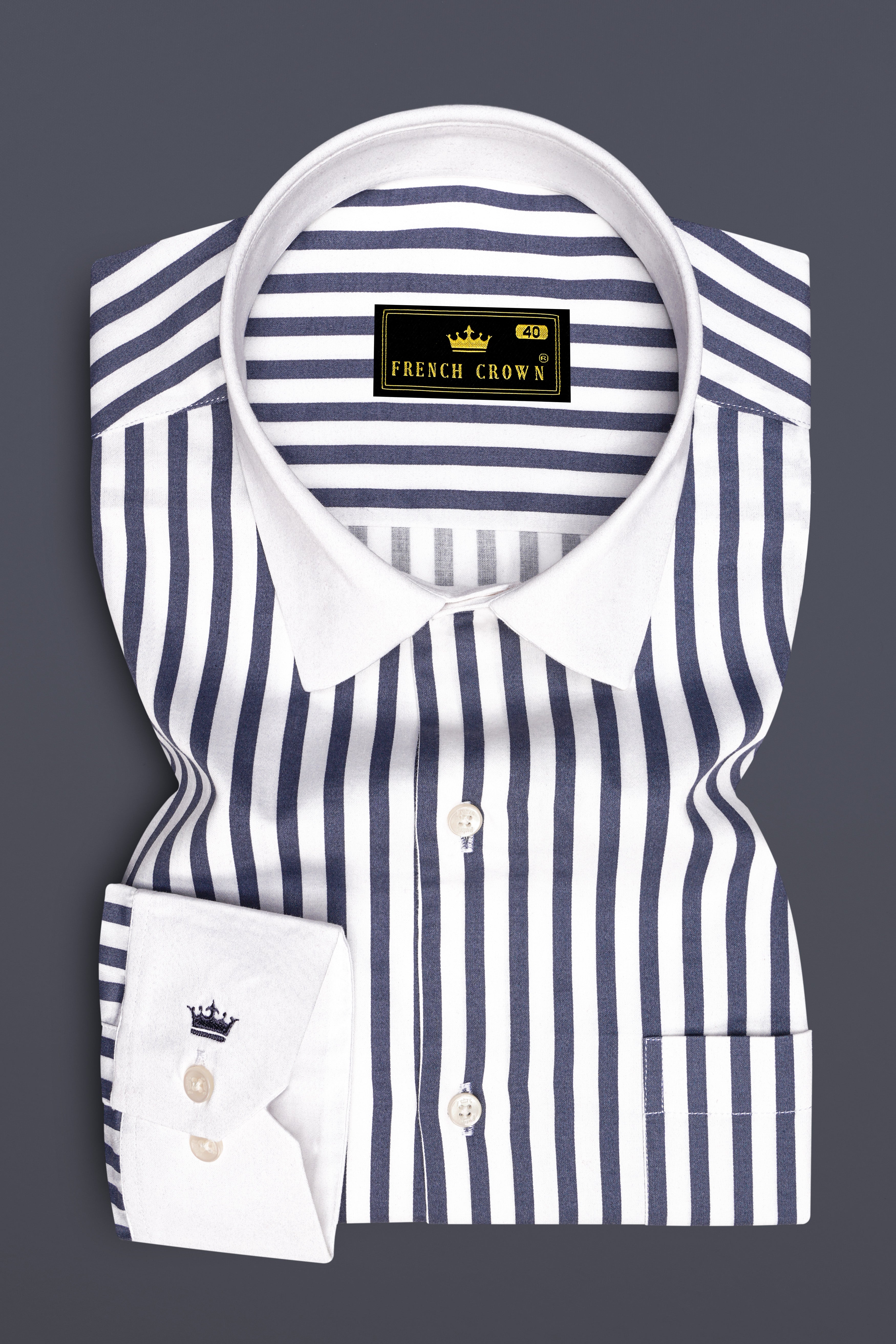 Monovelle-Storm Gray And Bright White Candy Striped Super Soft Premium Cotton Dress White Cuff Collar Shirt