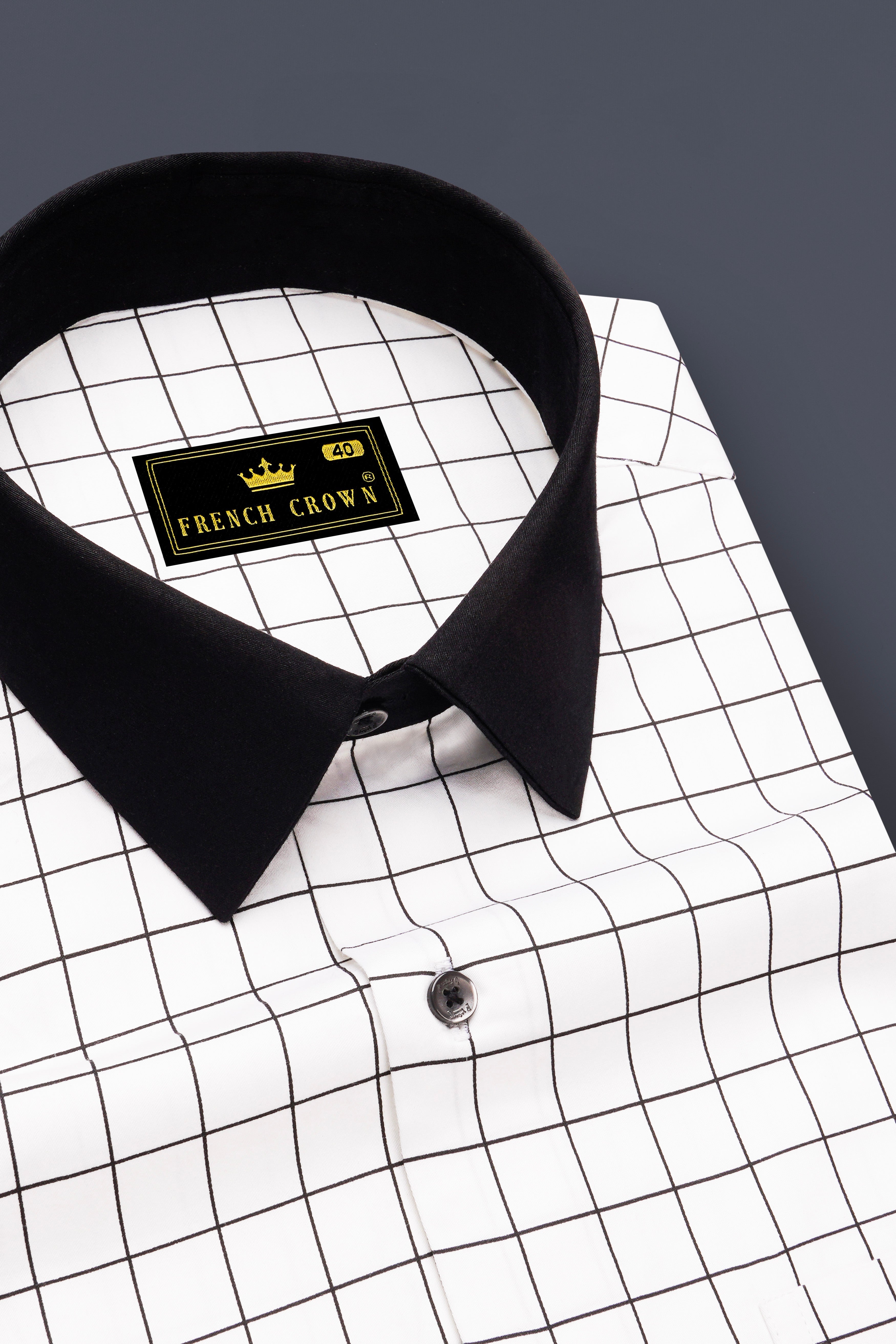 Panoro-Bright White And Jade Black Windowpane Subtle Sheen Super Soft Premium Cotton Dress Black Cuff Collar Shirt