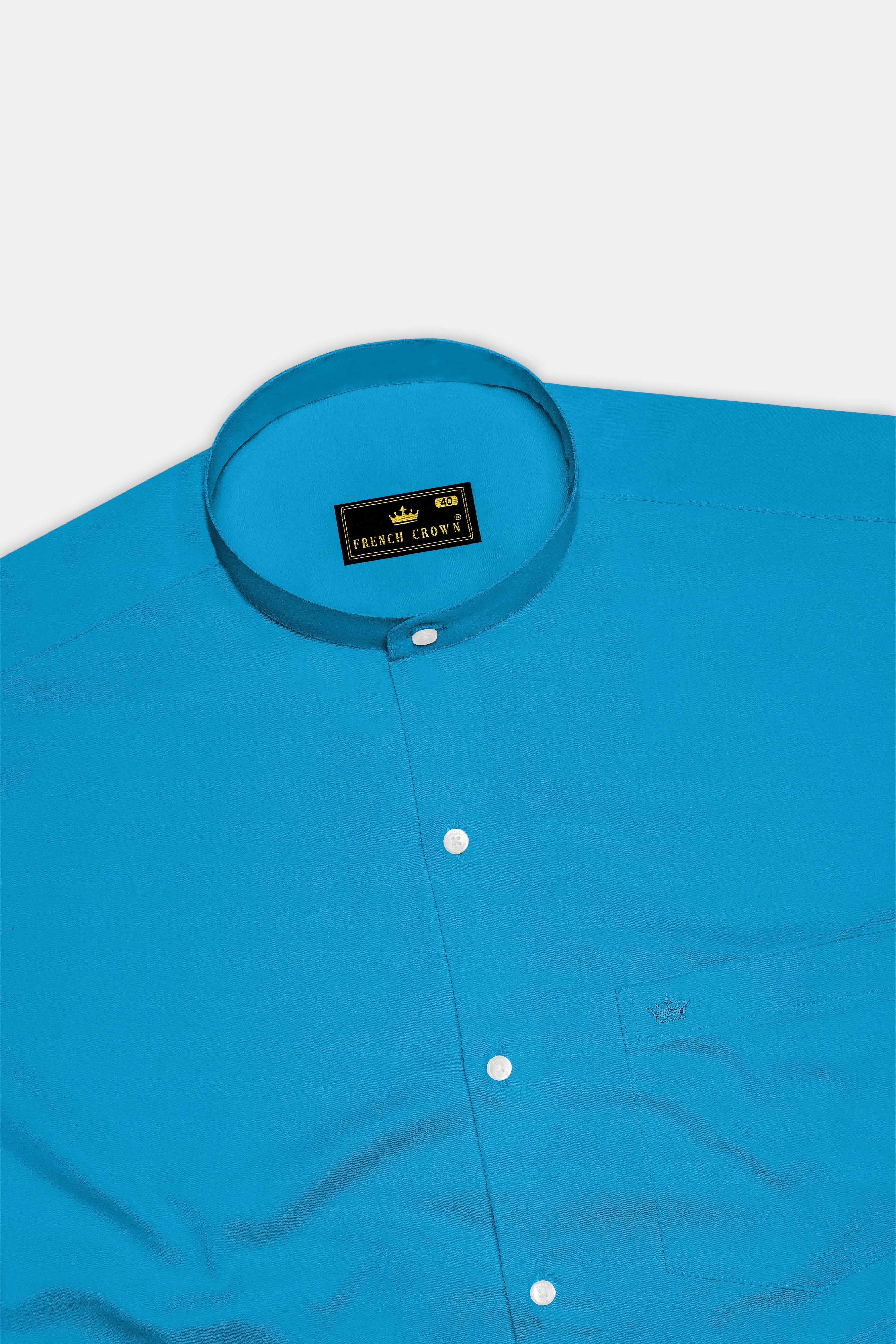 Azurique-Curious Blue Subtle Sheen Super Soft Premium Cotton Mandarin Dress Shirt