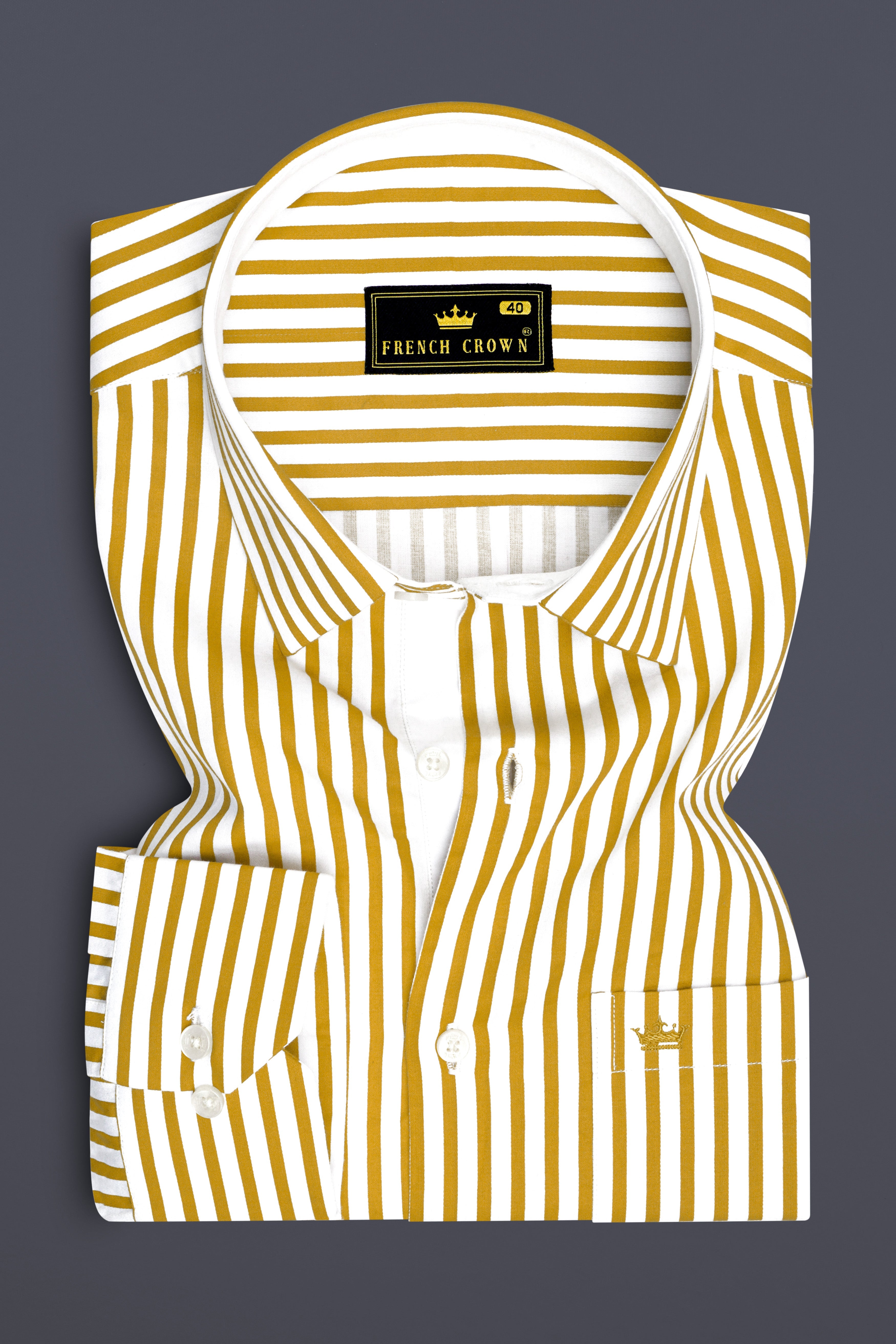 Terrasol-Ochre Yellow And Bright White Candy Striped Subtle Sheen Soft Premium Cotton Dress Shirt