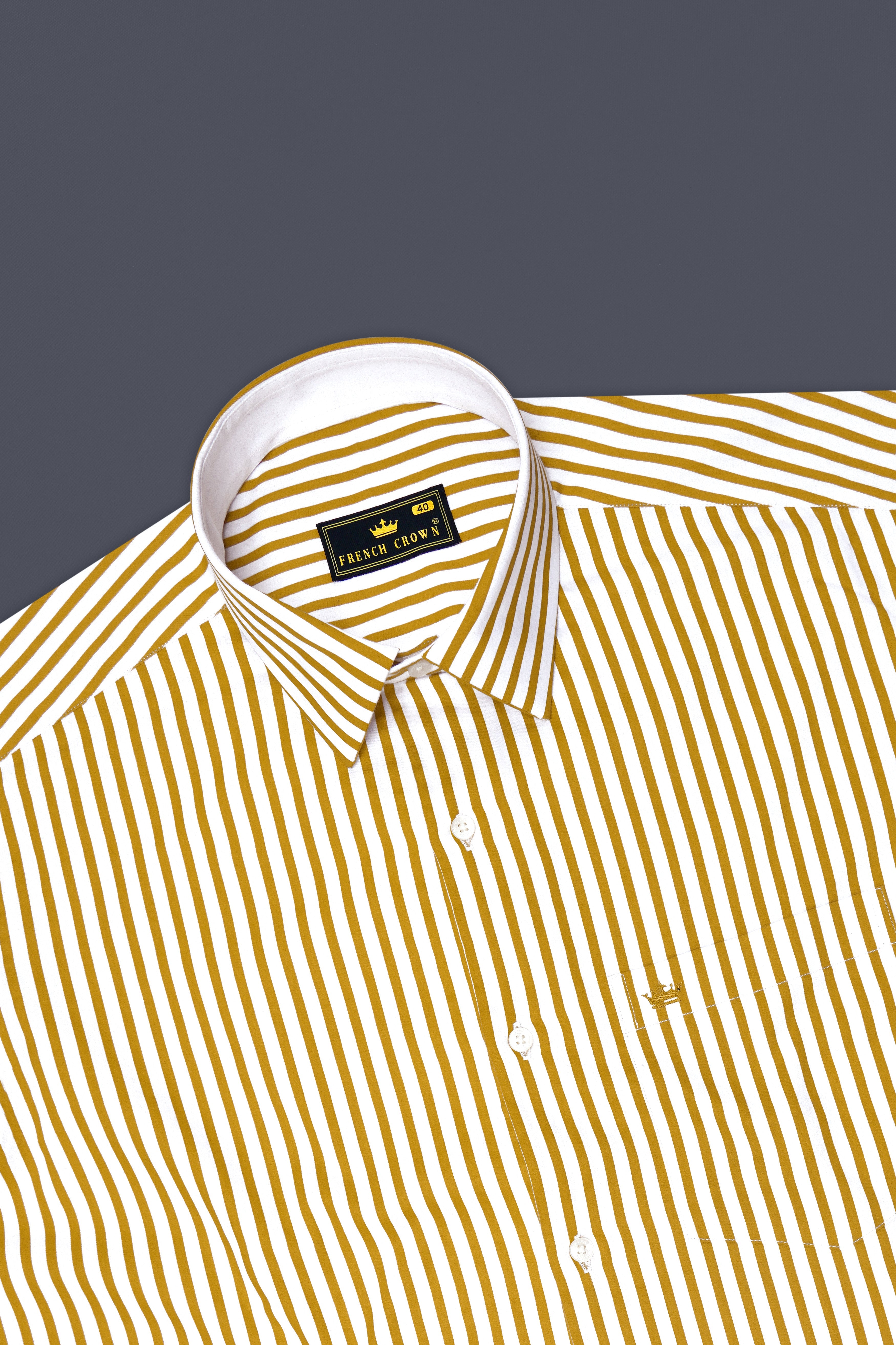 Terrasol-Ochre Yellow And Bright White Candy Striped Subtle Sheen Soft Premium Cotton Dress Shirt
