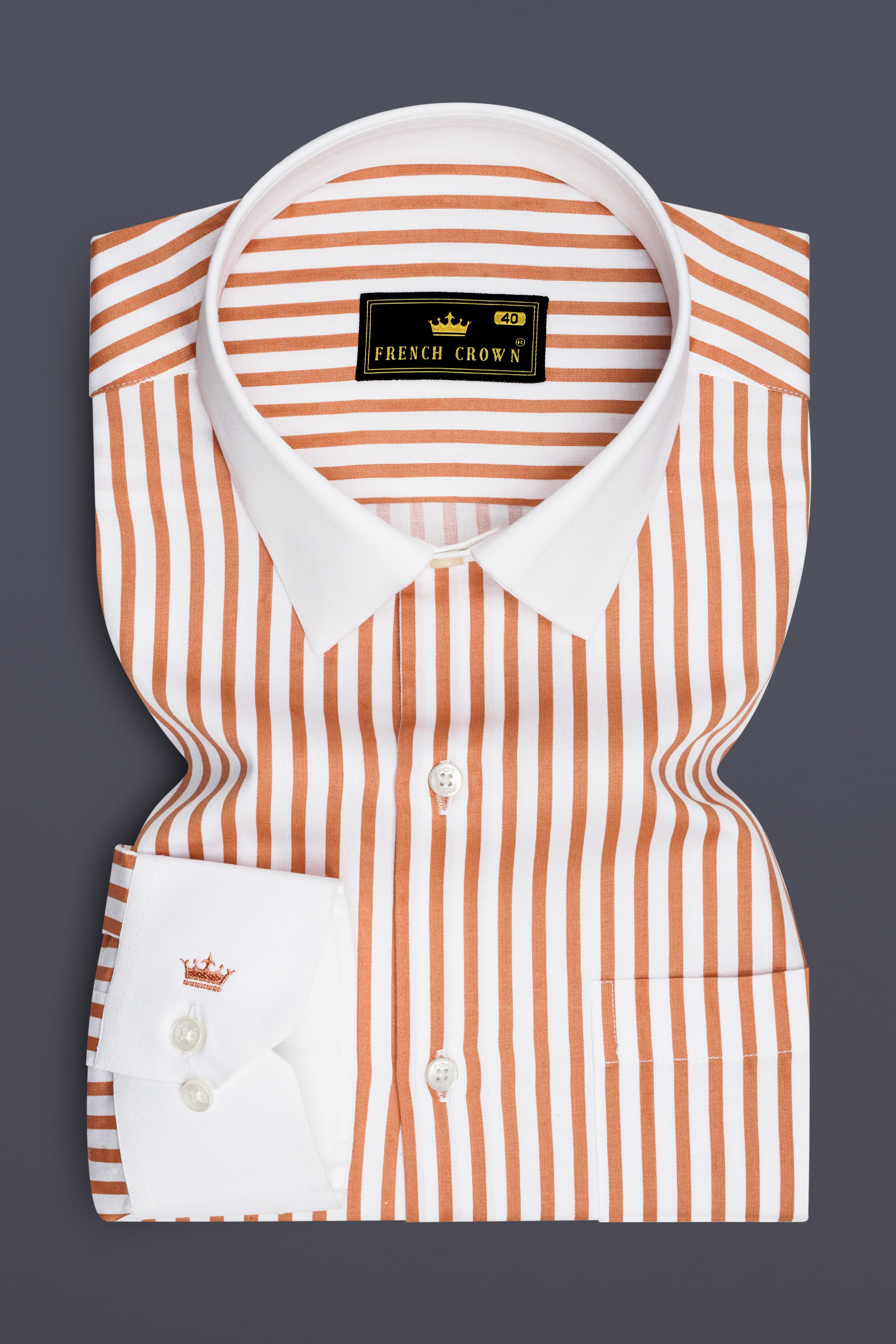 Solcoro-Apricot Orange And Bright White Candy Striped Super Soft Premium Cotton Dress White Cuff Collar Shirt