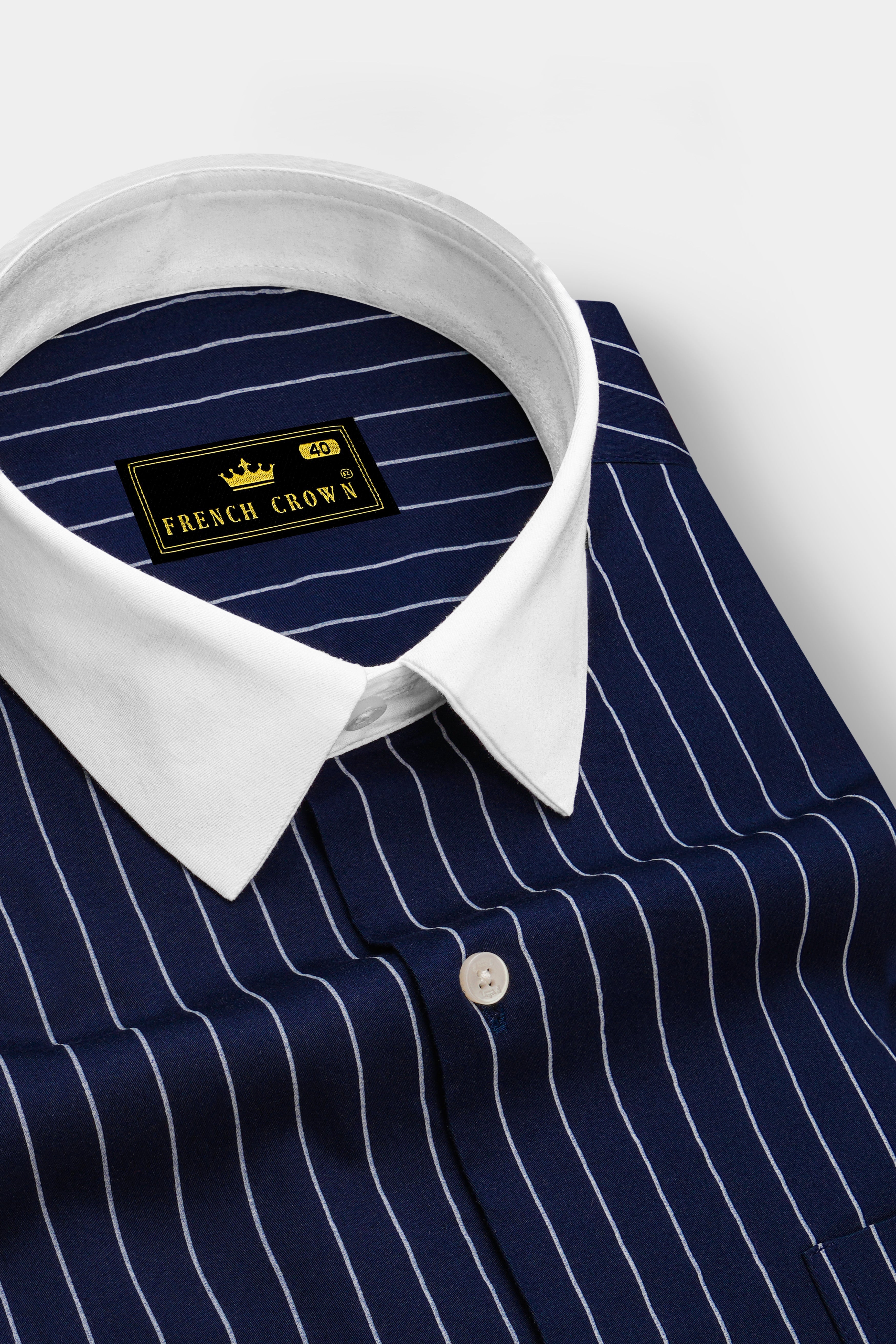 Noctaro-Ebony Blue And Bright White Pin Striped Super Soft Premium Cotton Dress White Cuff Collar Shirt
