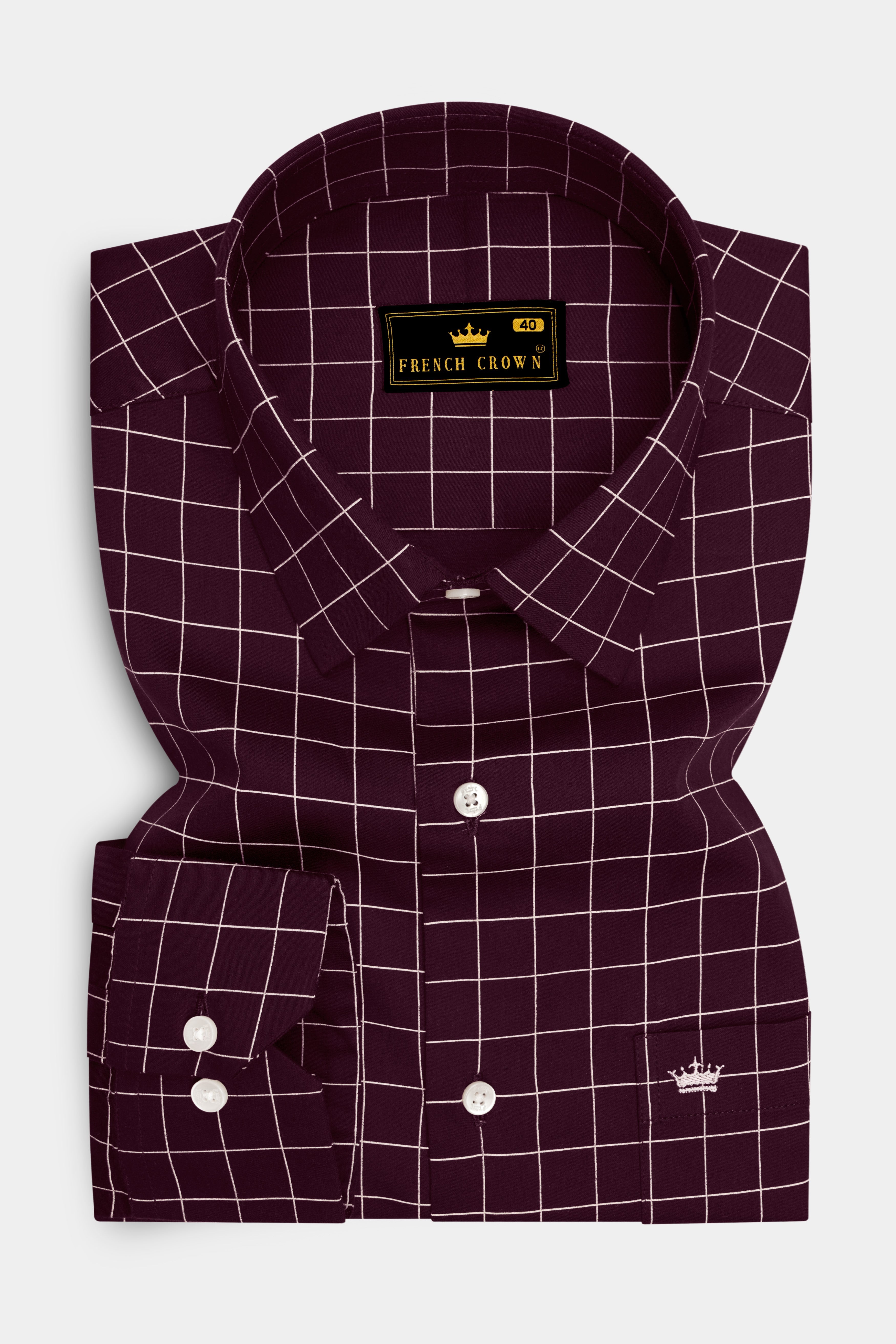 Garnet-Tamarind Maroon And Bright White Windowpane Subtle Sheen Super Soft Premium Cotton Dress Shirt