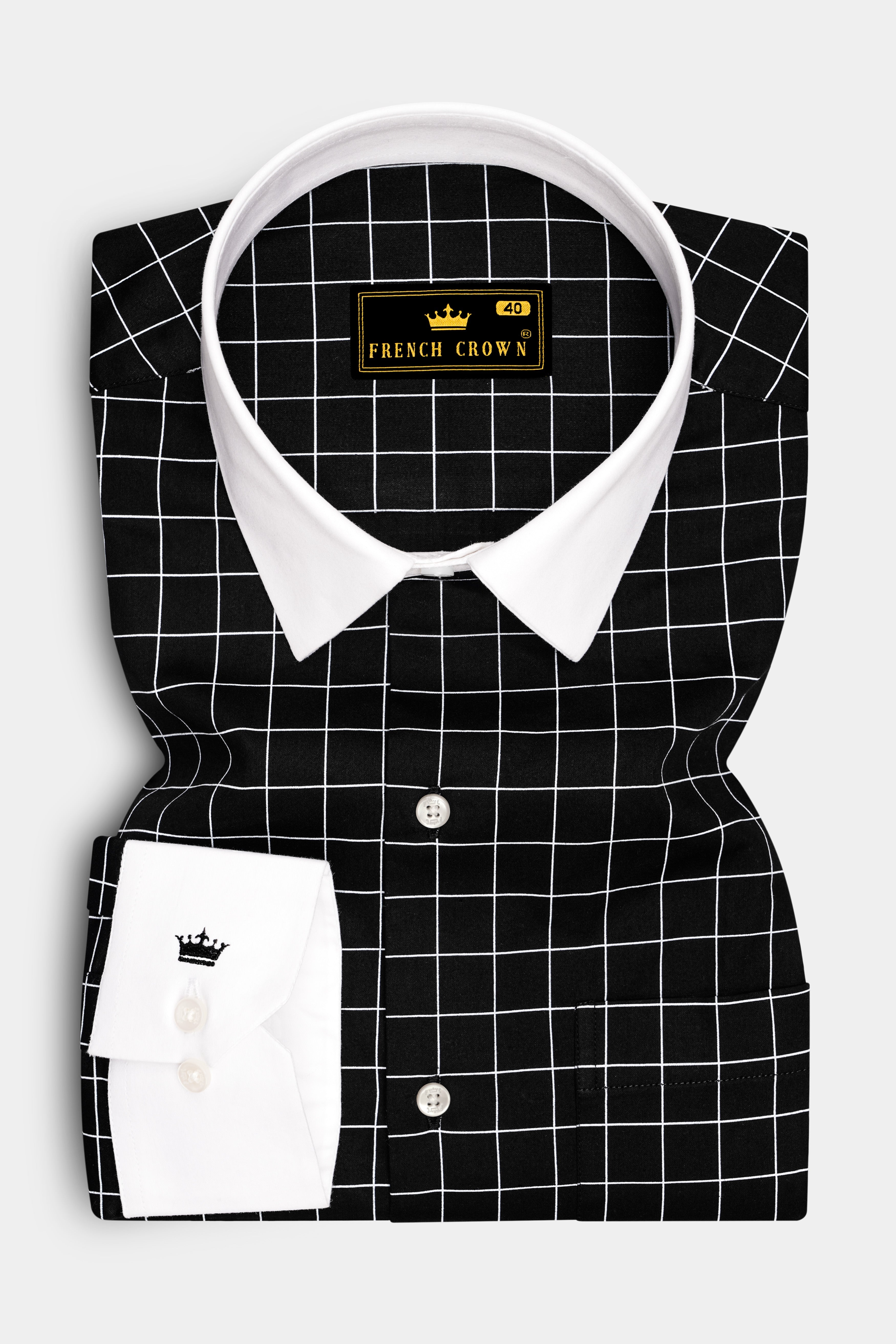 Obsidian-Jade Black And Bright White Windowpane Subtle Sheen Super Soft Premium Cotton Dress White Cuff Collar Shirt