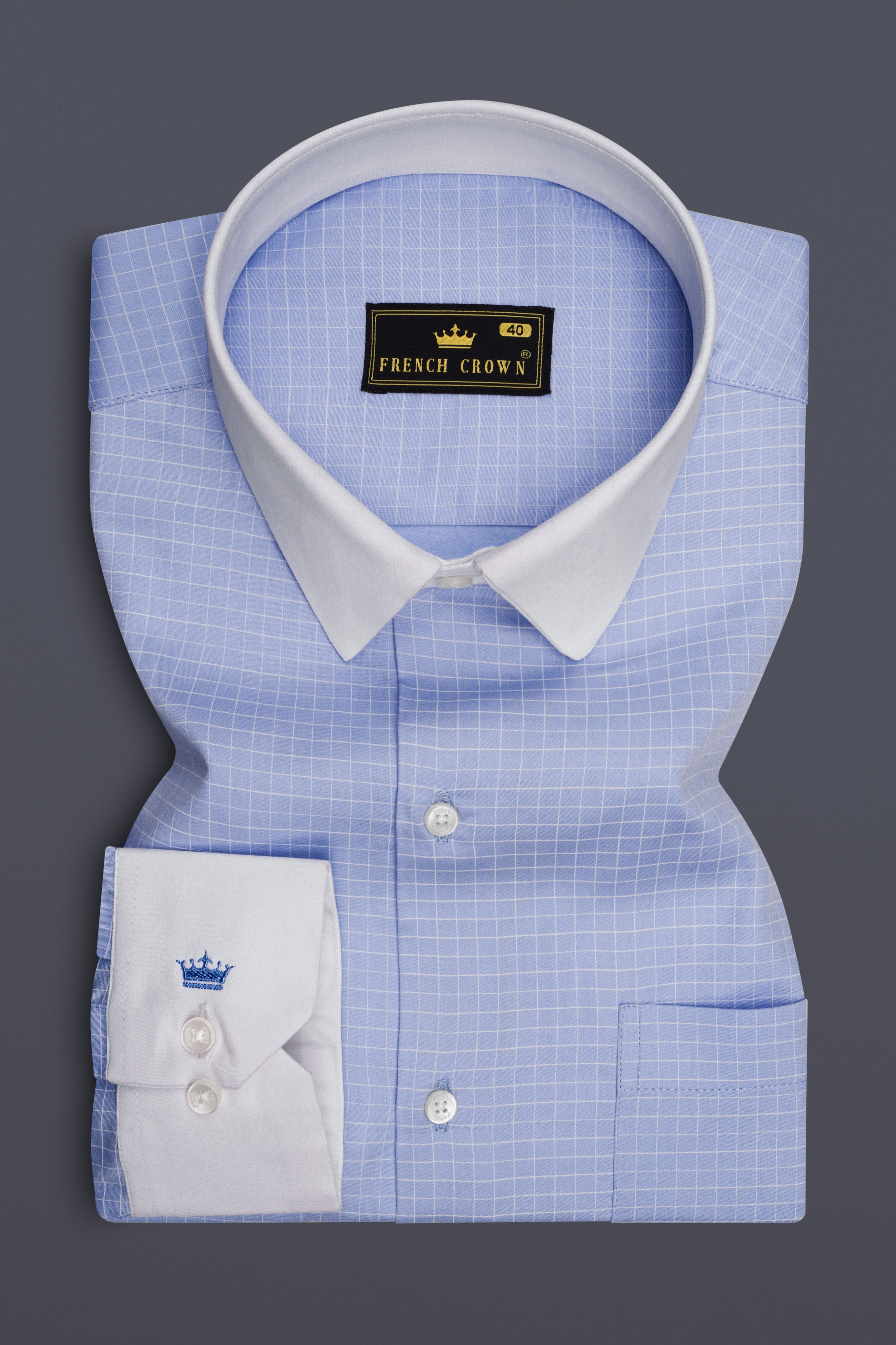 Mariner-Perano Blue And Bright White Plaid Subtle Sheen Super Soft Premium Cotton Dress White Cuff Collar Shirt