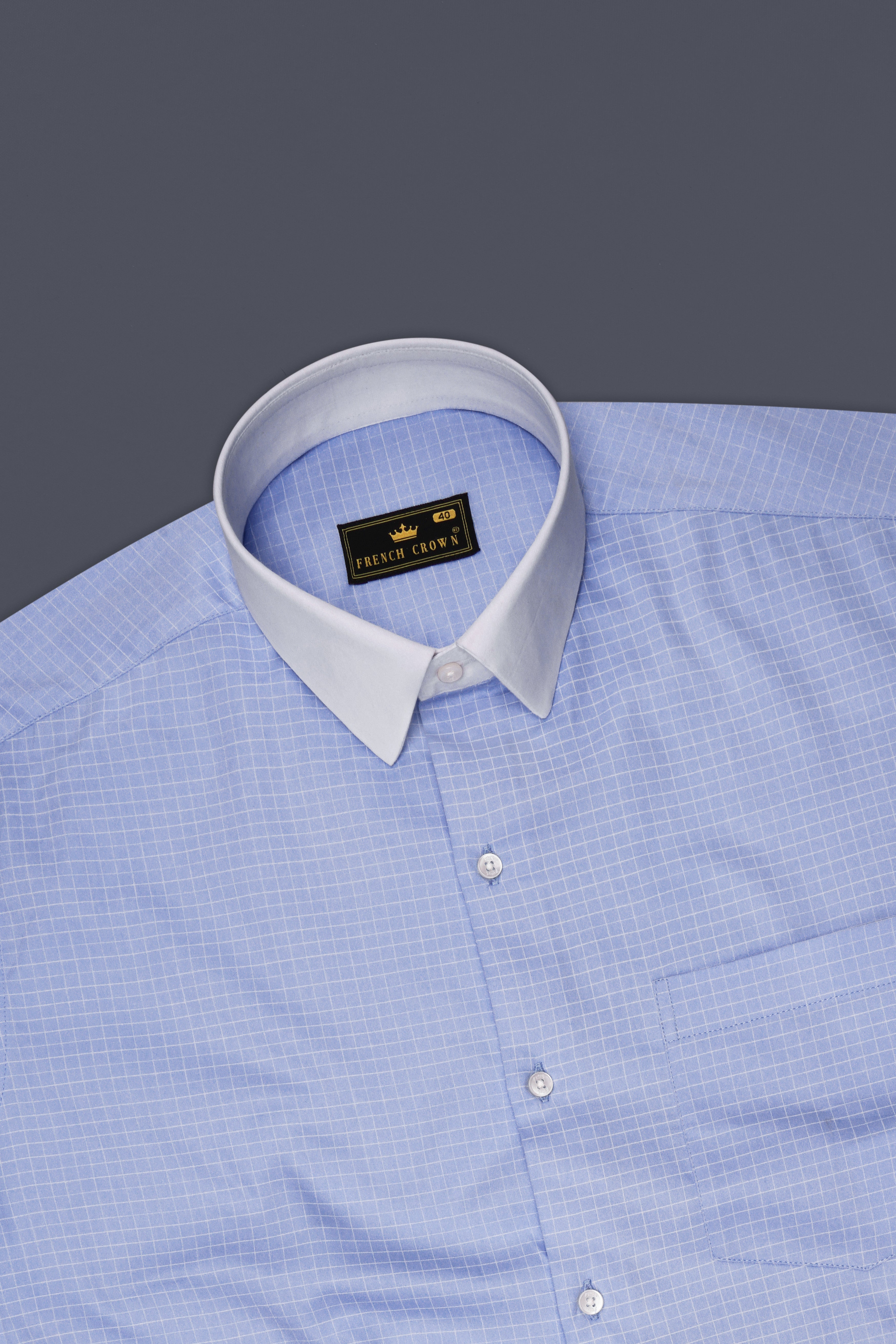 Mariner-Perano Blue And Bright White Plaid Subtle Sheen Super Soft Premium Cotton Dress White Cuff Collar Shirt