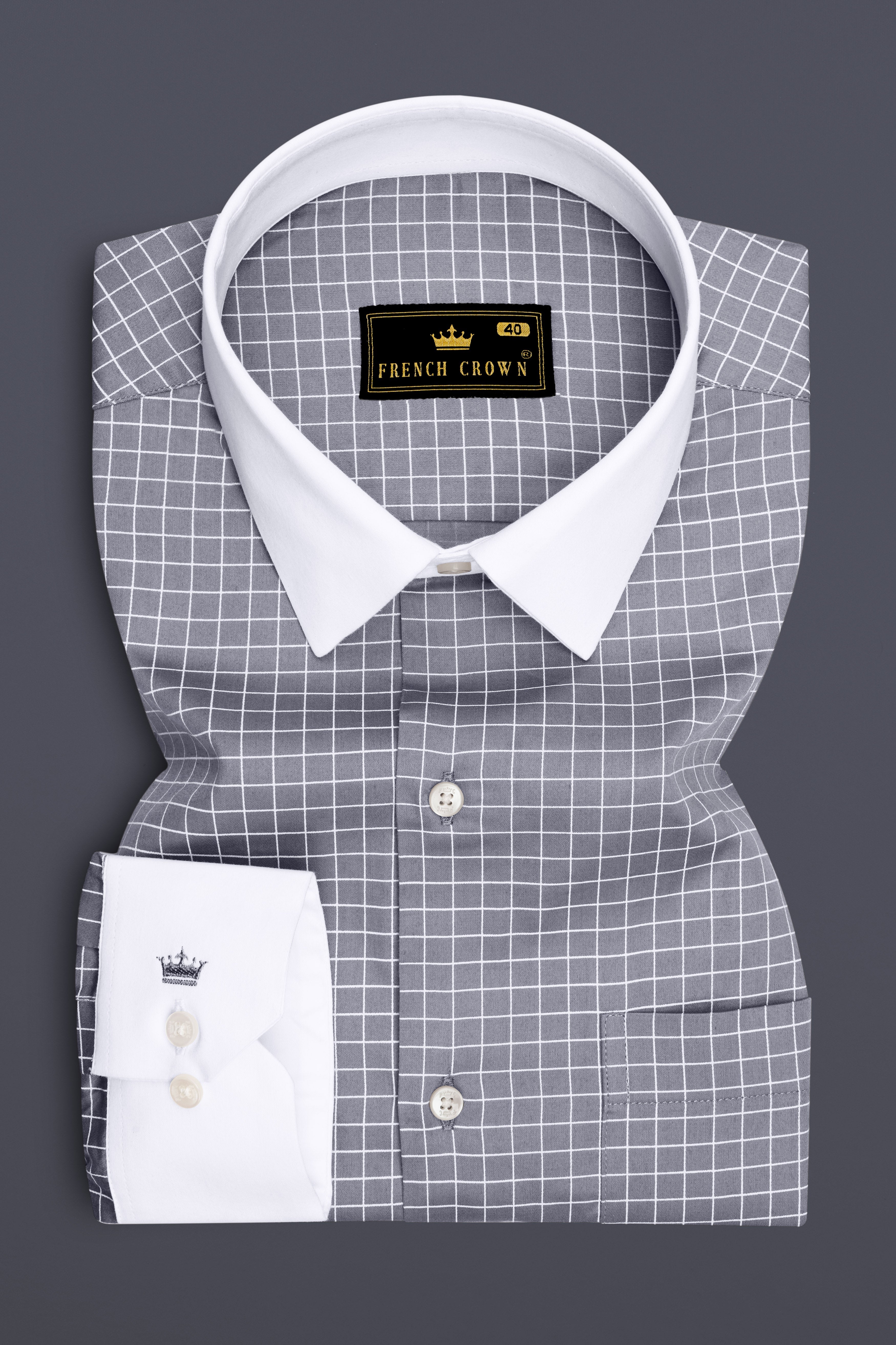 Sterling-Mobster Gray And Bright White Plaid Subtle Sheen Super Soft Premium Cotton Dress White Cuff Collar Shirt