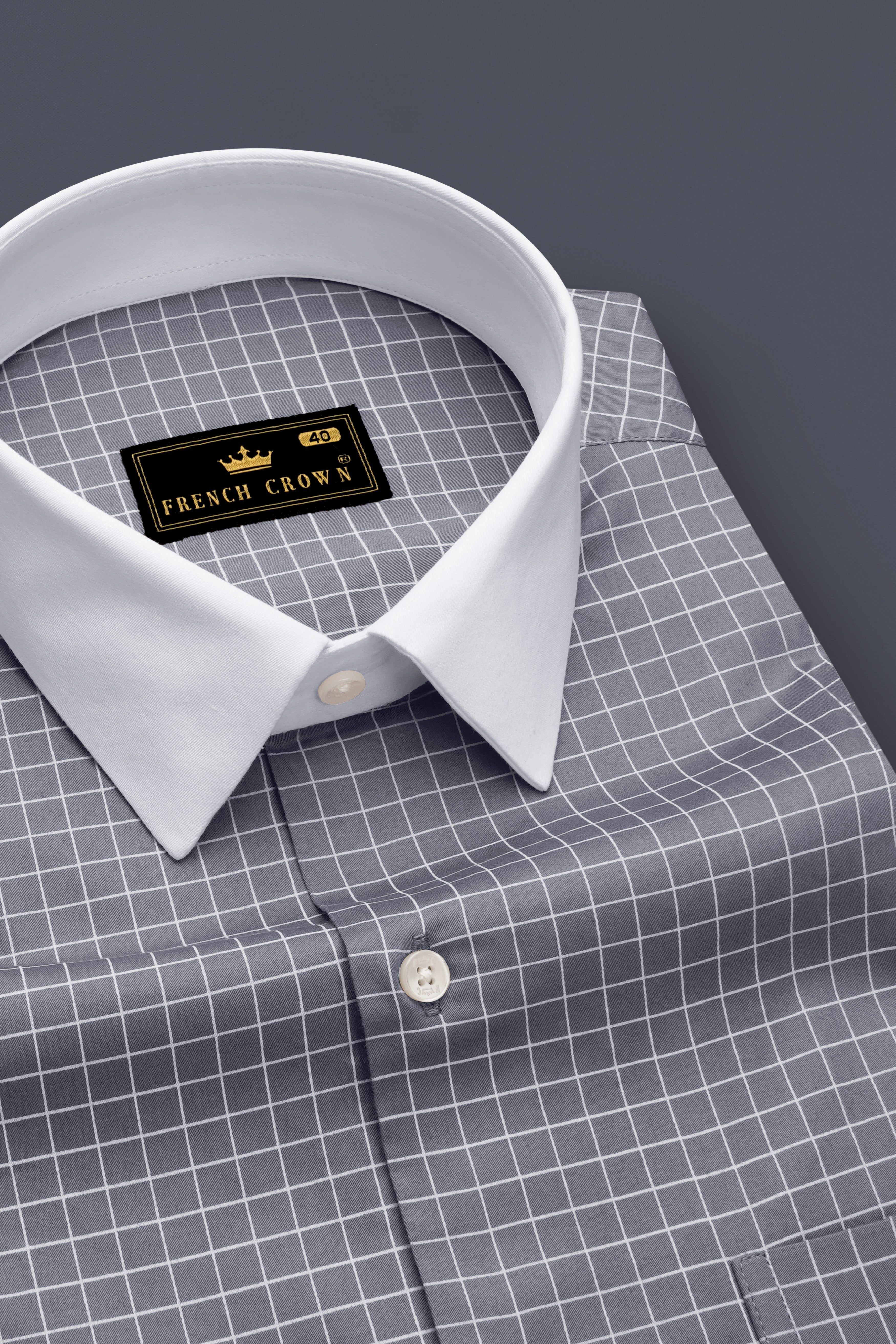 Sterling-Mobster Gray And Bright White Plaid Subtle Sheen Super Soft Premium Cotton Dress White Cuff Collar Shirt