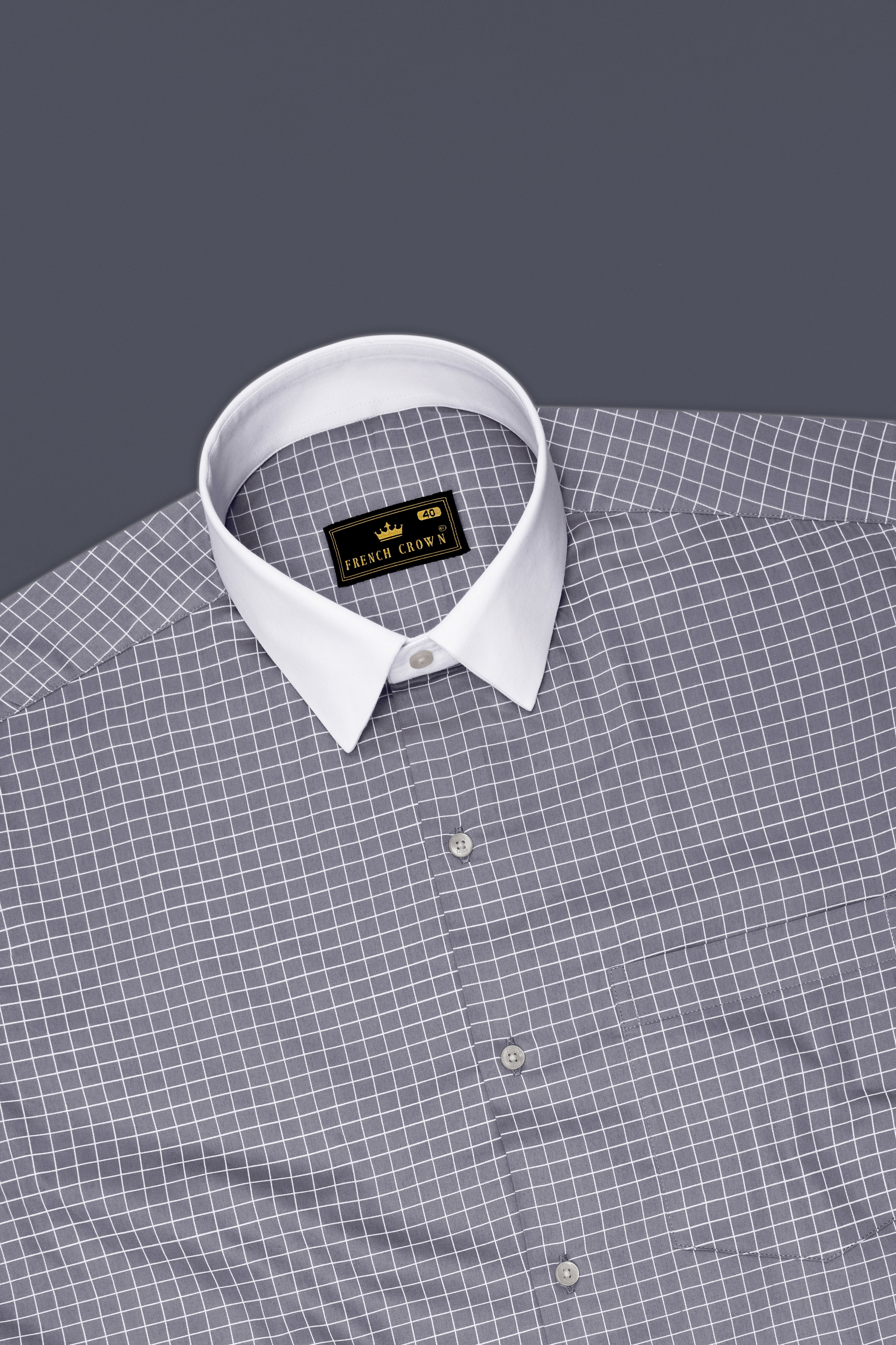 Sterling-Mobster Gray And Bright White Plaid Subtle Sheen Super Soft Premium Cotton Dress White Cuff Collar Shirt