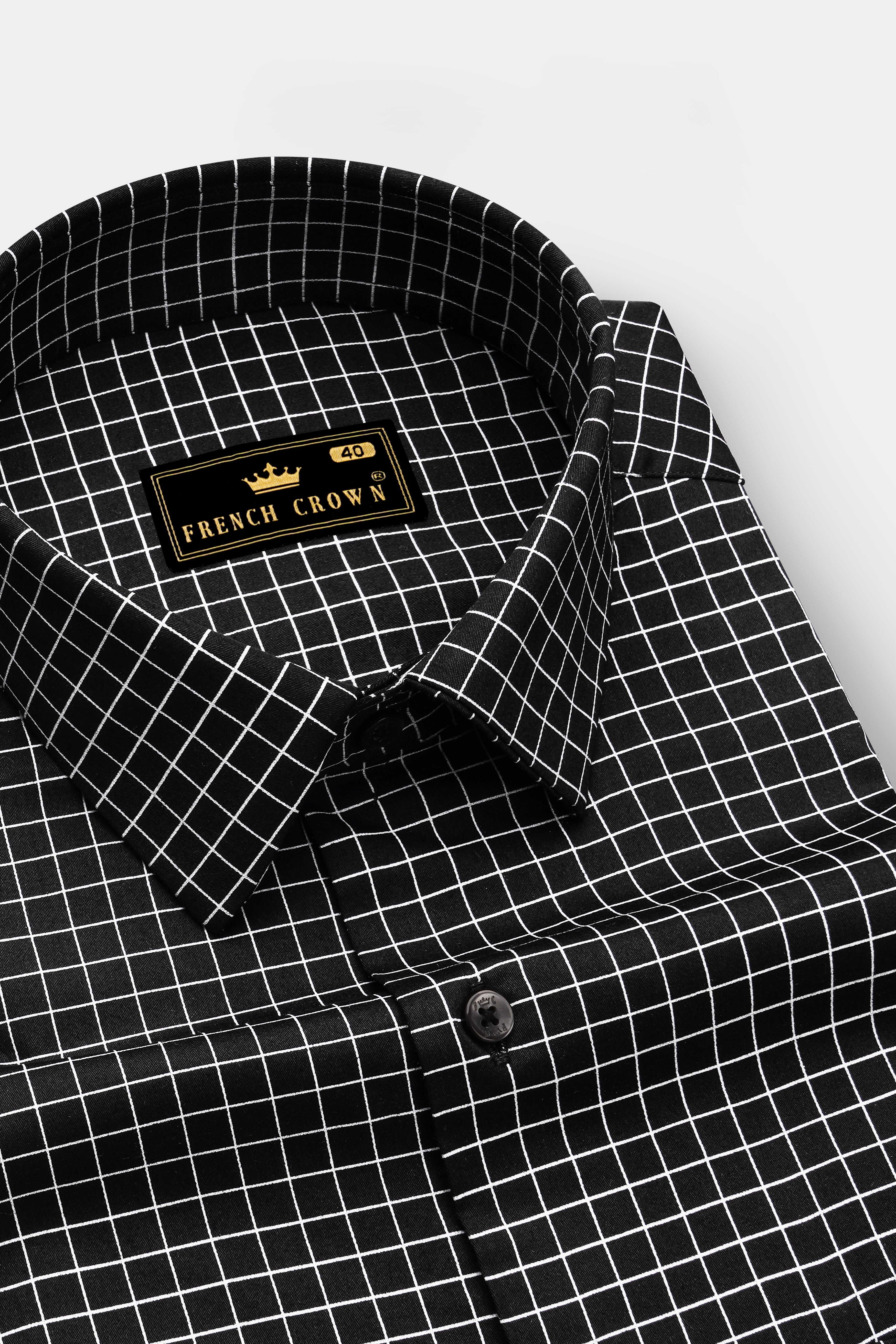 Ebon-Jade Black And Bright White Plaid Subtle Sheen Super Soft Premium Cotton Dress Shirt