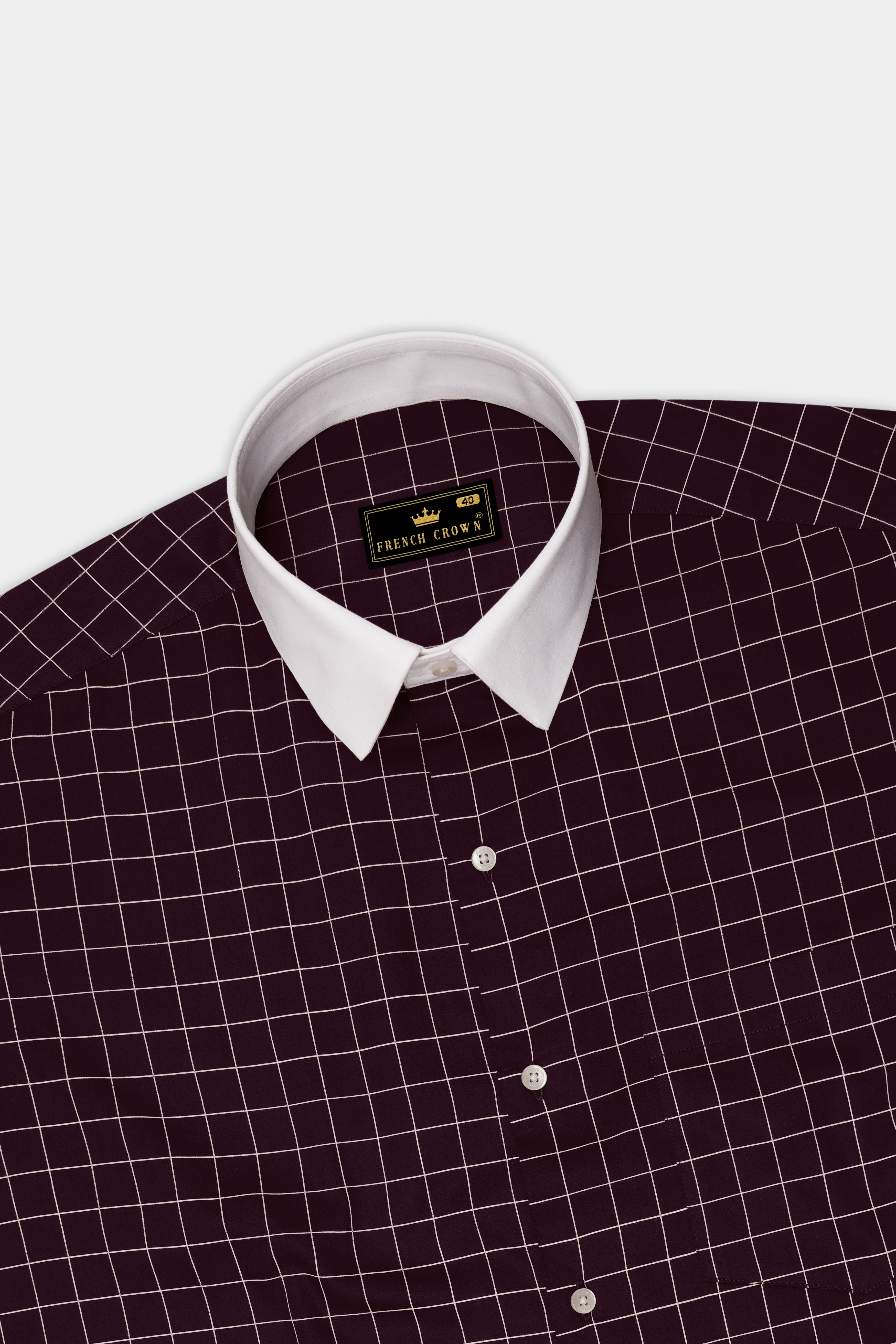 Garnet-Tamarind Maroon And Bright White Windowpane Subtle Sheen Super Soft Premium Cotton Dress White Cuff Collar Shirt