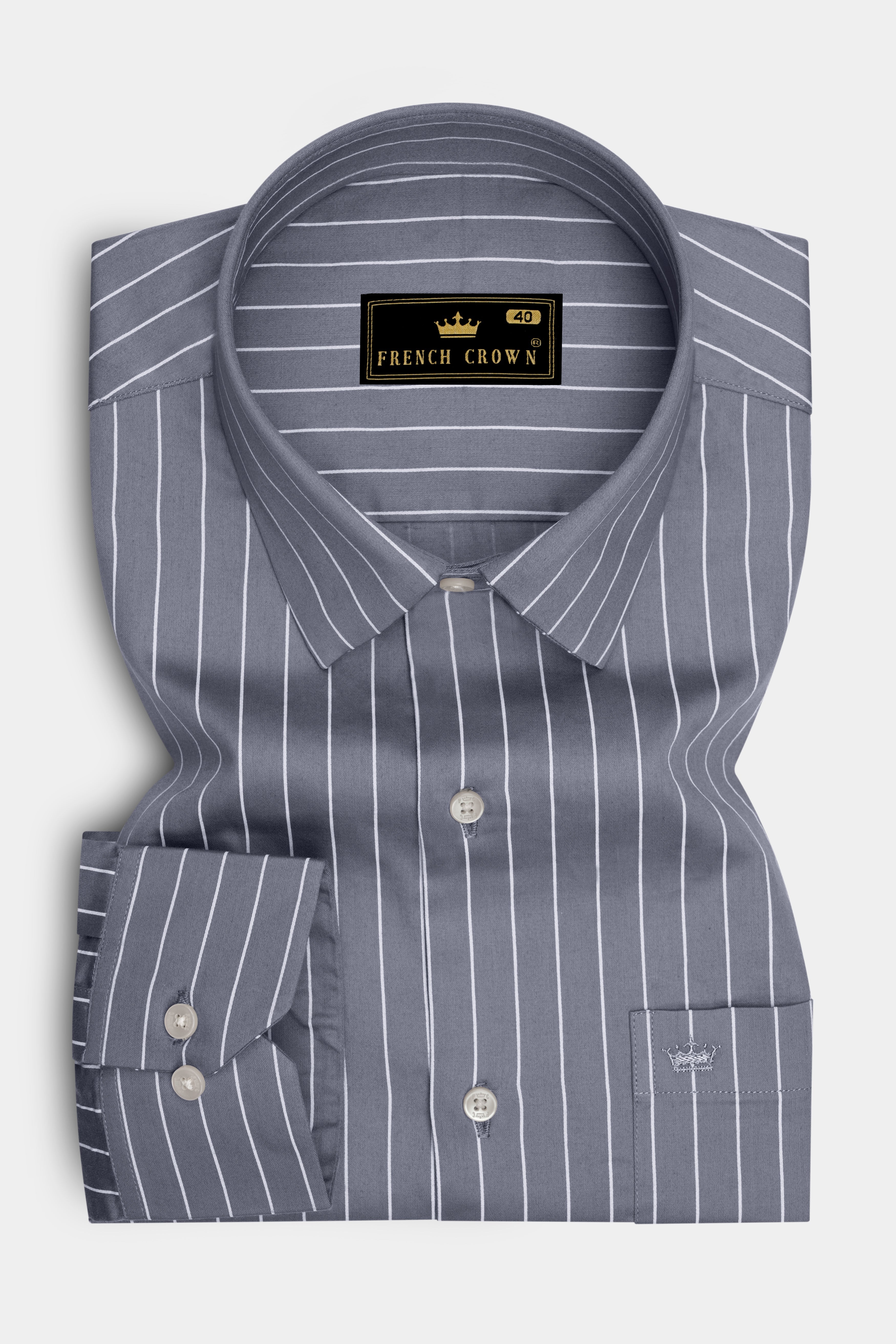 Chrome-Storm Gray And Bright White Pin Striped Subtle Sheen Super Soft Premium Cotton Dress Shirt