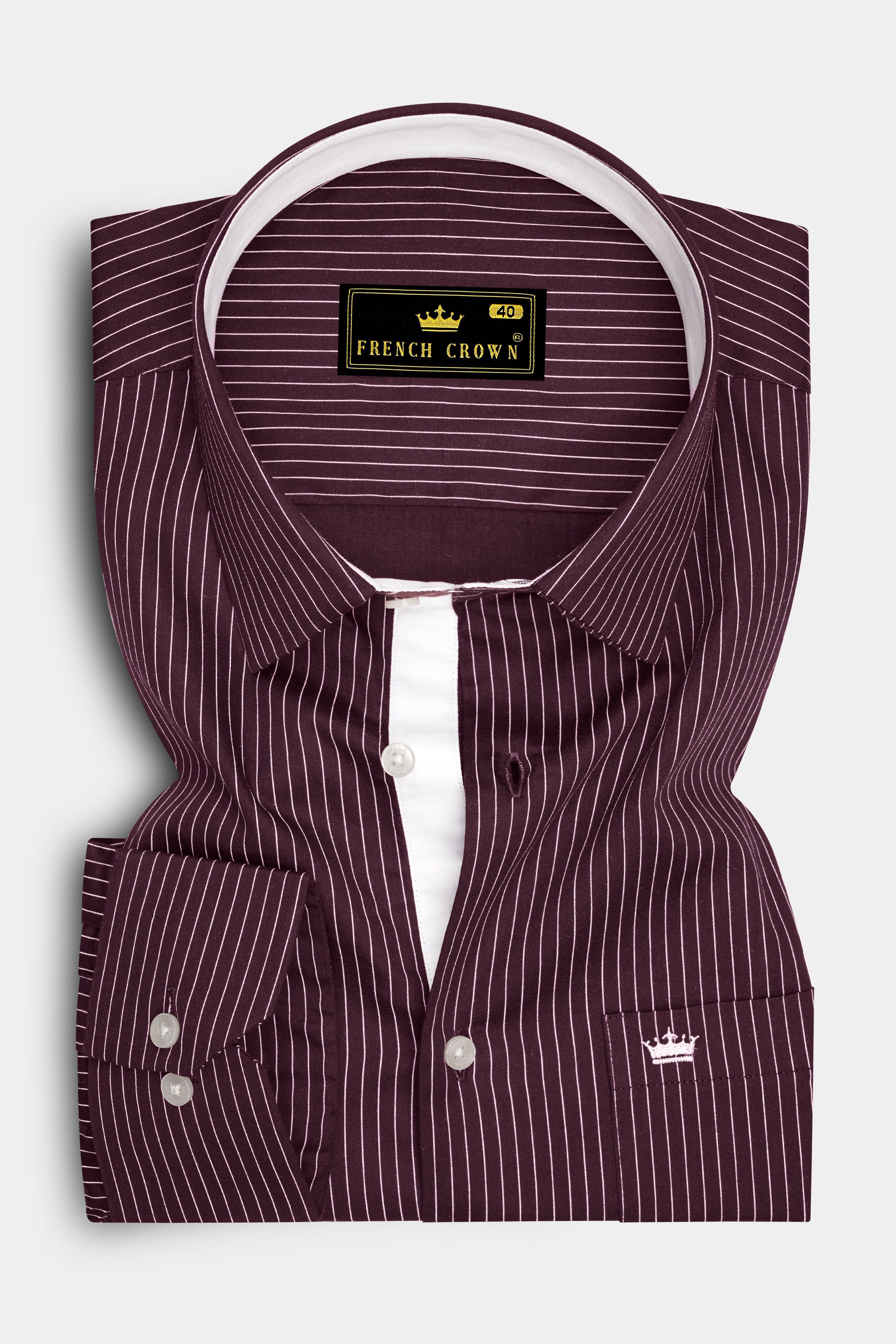 Claret-Aubergine Maroon And Bright White Pin Striped Subtle Sheen Soft Premium Cotton Dress Shirt