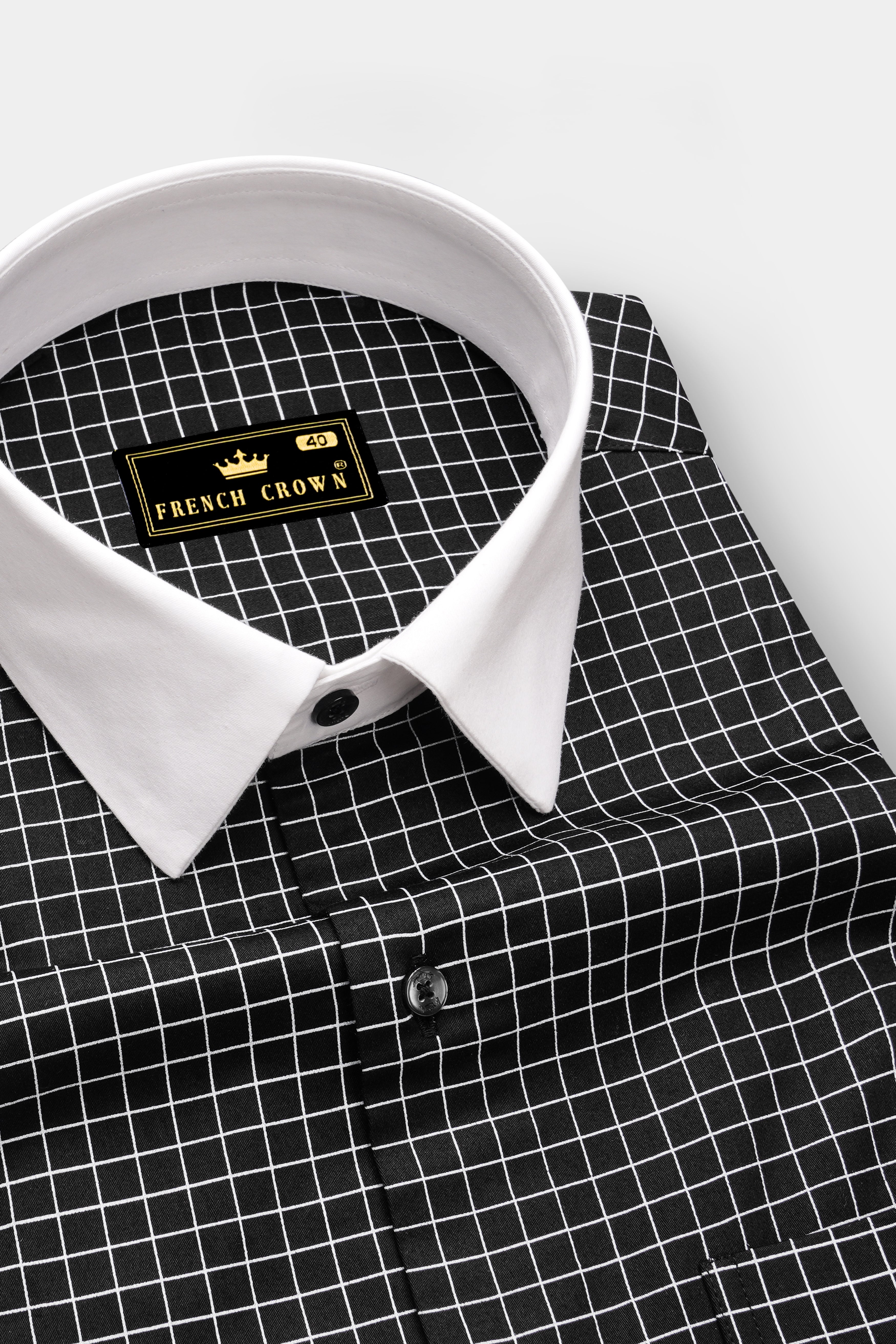 Ebon-Jade Black And Bright White Plaid Subtle Sheen Super Soft Premium Cotton Dress White Cuff Collar Shirt