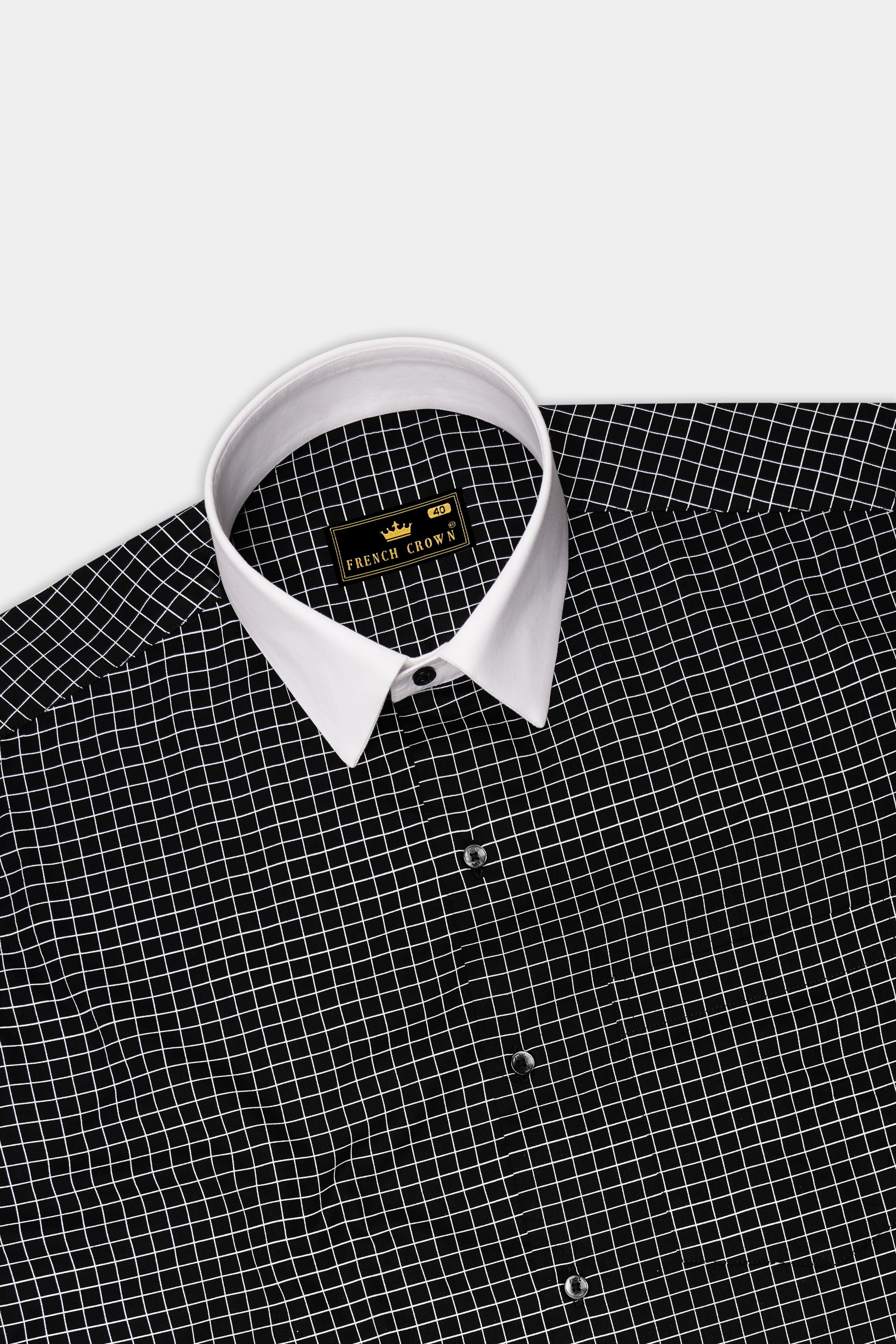 Ebon-Jade Black And Bright White Plaid Subtle Sheen Super Soft Premium Cotton Dress White Cuff Collar Shirt