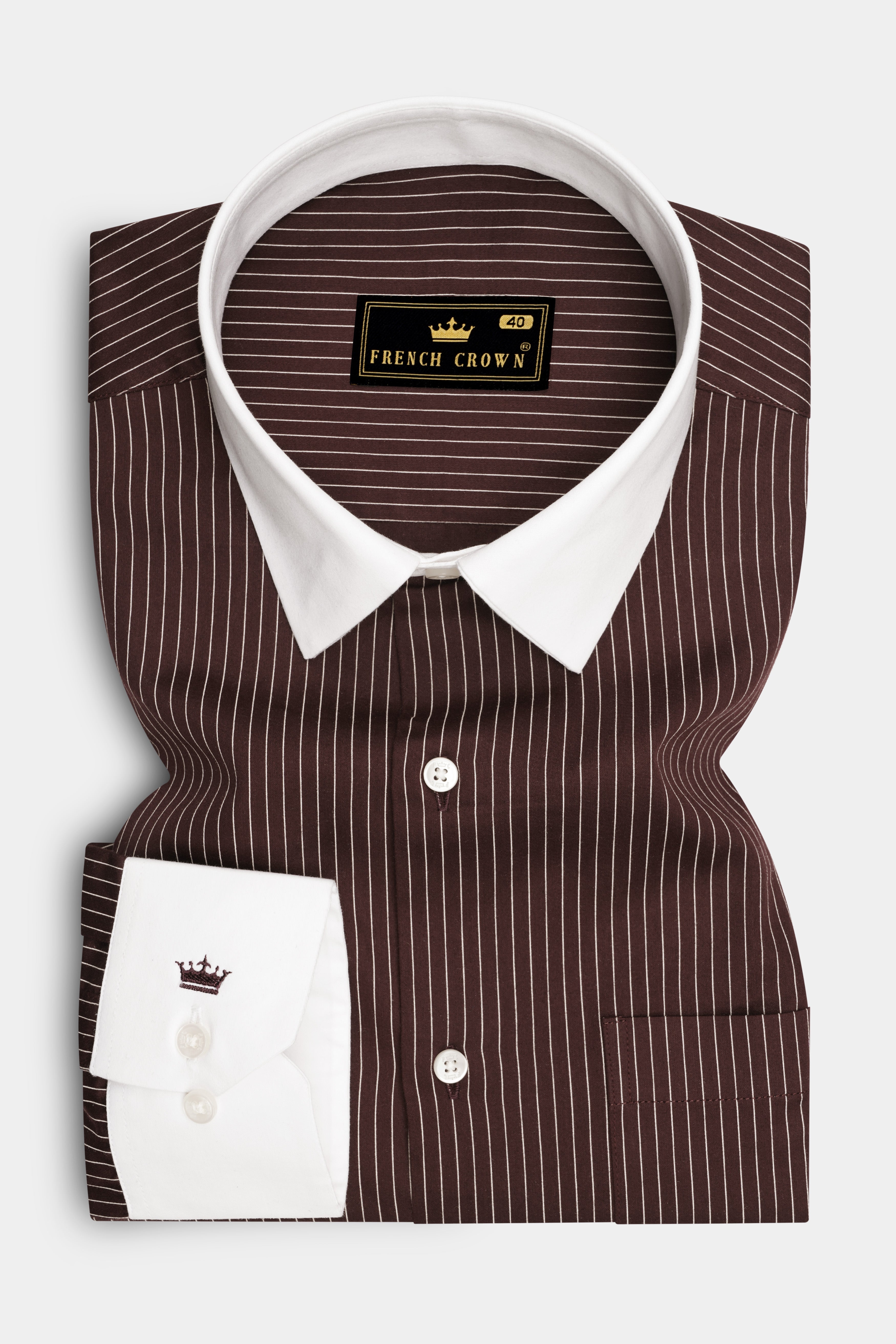 Umber-Bistre Brown And Bright White Pin Striped Subtle Sheen Super Soft Premium Cotton Dress White Cuff Collar Shirt