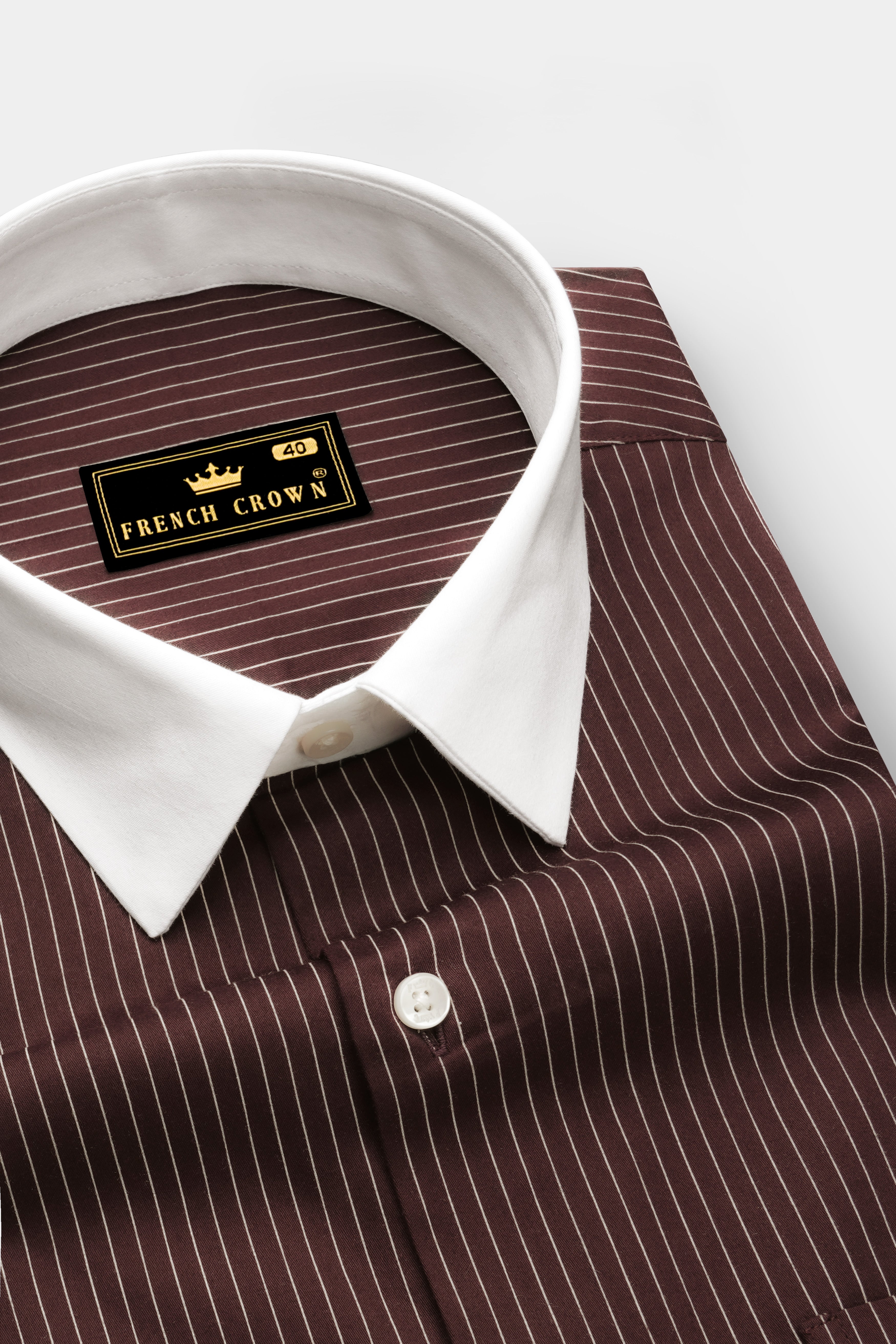 Umber-Bistre Brown And Bright White Pin Striped Subtle Sheen Super Soft Premium Cotton Dress White Cuff Collar Shirt
