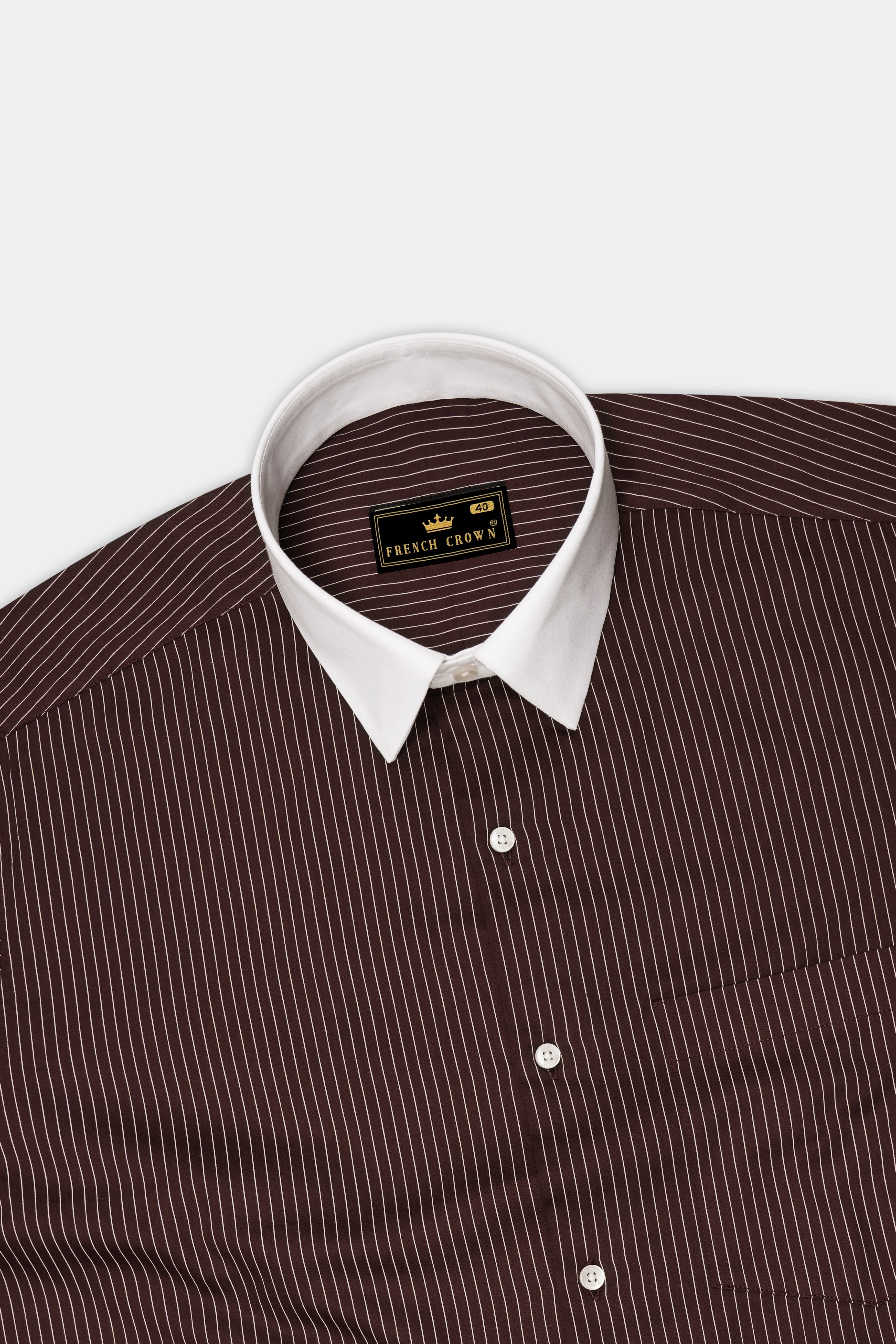 Umber-Bistre Brown And Bright White Pin Striped Subtle Sheen Super Soft Premium Cotton Dress White Cuff Collar Shirt